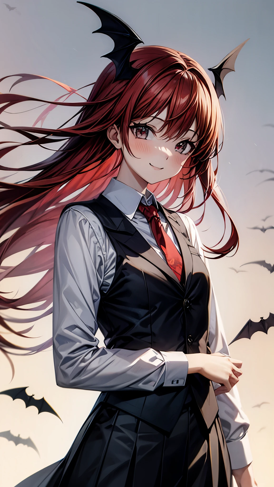 (super high quality,Ultra High Definition,16k,super masterpiece,Ultra HD , detailed shading and background,)one girl, long red hair with ocean print,bat feathers on the head,bat feathers on the back,Black vest, white long sleeve shirt,red tie,black skirt,smile,blush,The library where the sun shines,