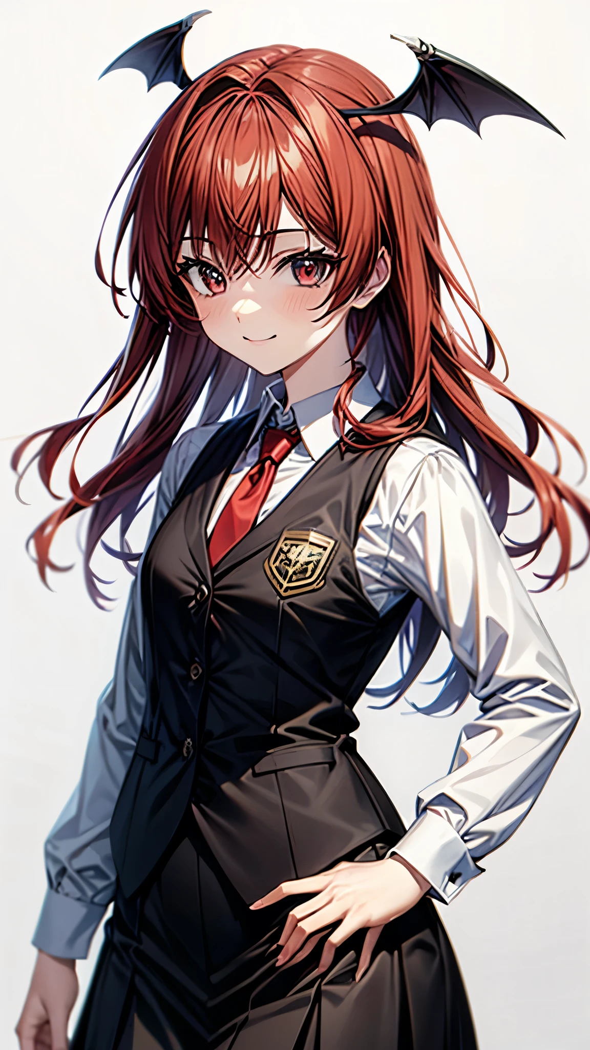 (super high quality,Ultra High Definition,16k,super masterpiece,Ultra HD , detailed shading and background,)one girl, long red hair with ocean print,bat feathers on the head,bat feathers on the back,Black vest, white long sleeve shirt,red tie,black skirt,smile,blush,The library where the sun shines,