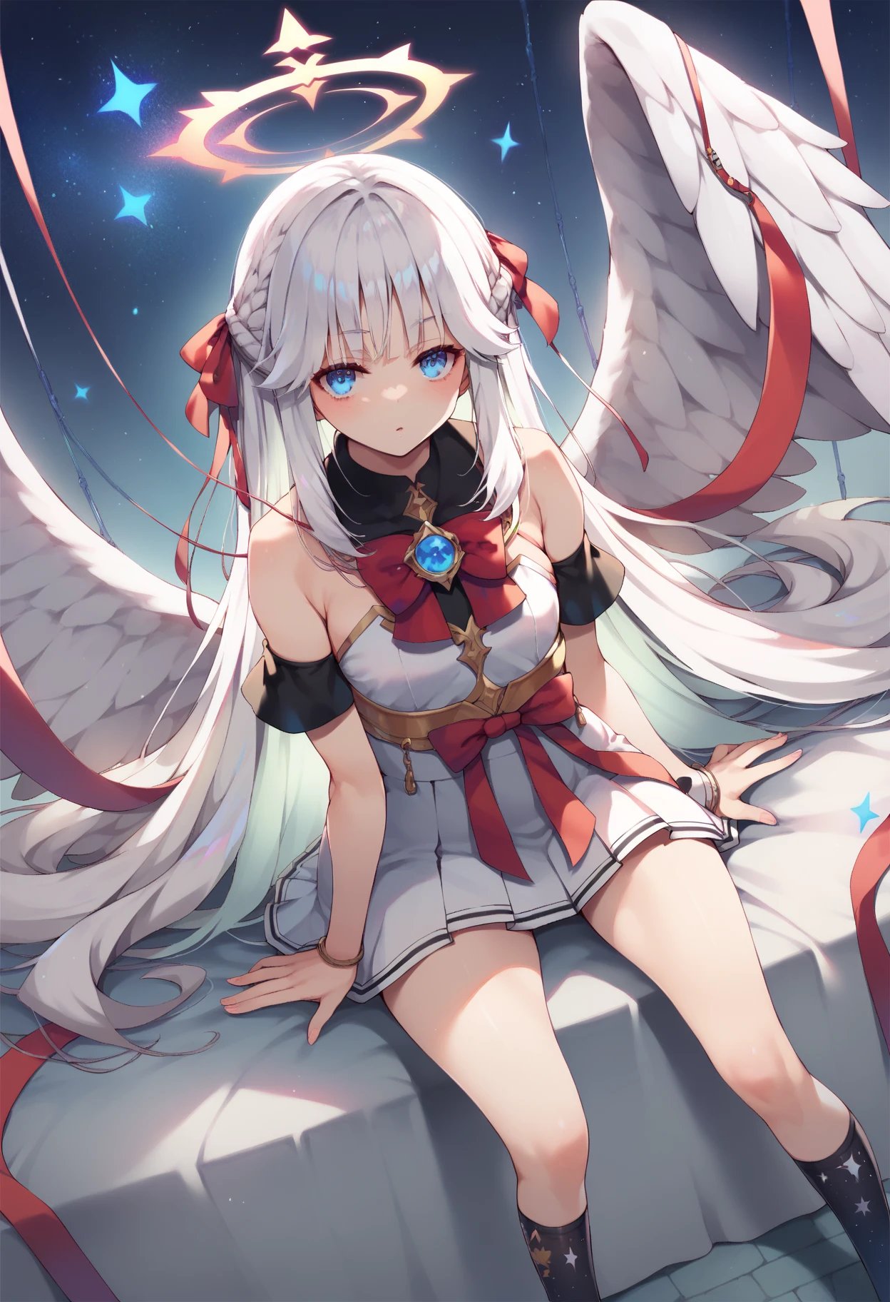 One Girl、Frill dress　Angel Halo　The white feathers shine　The color of the dress is white　Hair color is light blonde　The hairstyle is a side tail　In one hand he holds a large, glowing red spear.　Red ribbons around the head, neck and waist　Feet are bare　Long hair