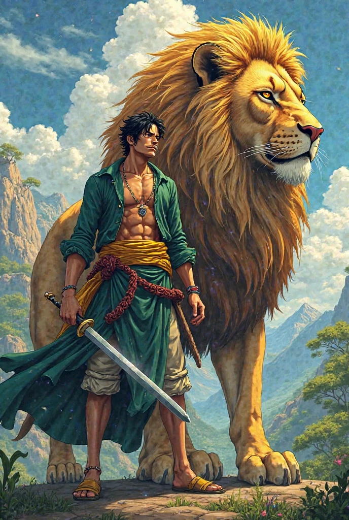 (Best Quality, high resolution, realist:1.37), A 16-year-old teenager from the Stone Age, light olive skin, long, curly hair, striking with his assegai against a saber-toothed tiger, ultra detailed, ex human, , prehistoric scene, Representación realist de la Edad de Piedra.