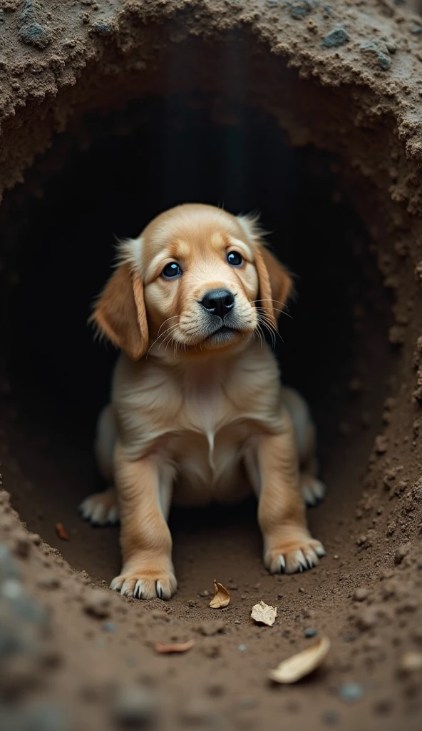 Golden Retriever Puppy。Deform your face with a fisheye effect。 Cute expression。 Angle from the same perspective as the animals。The background is also realistic。Intricate details。8k。