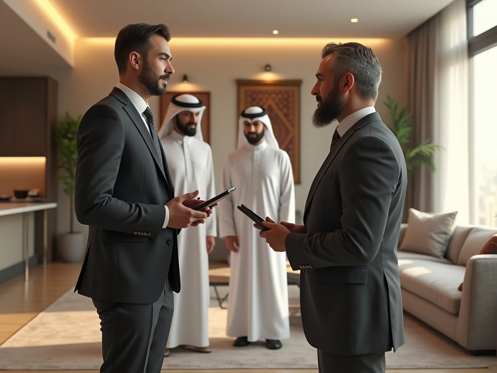 An Arab sheikh is giving a handkerchief to the owner of a goldsmith's shop, and there are two goldsmith shops, and the shop is built according to modern standards, and beautiful necklaces are lying behind them.