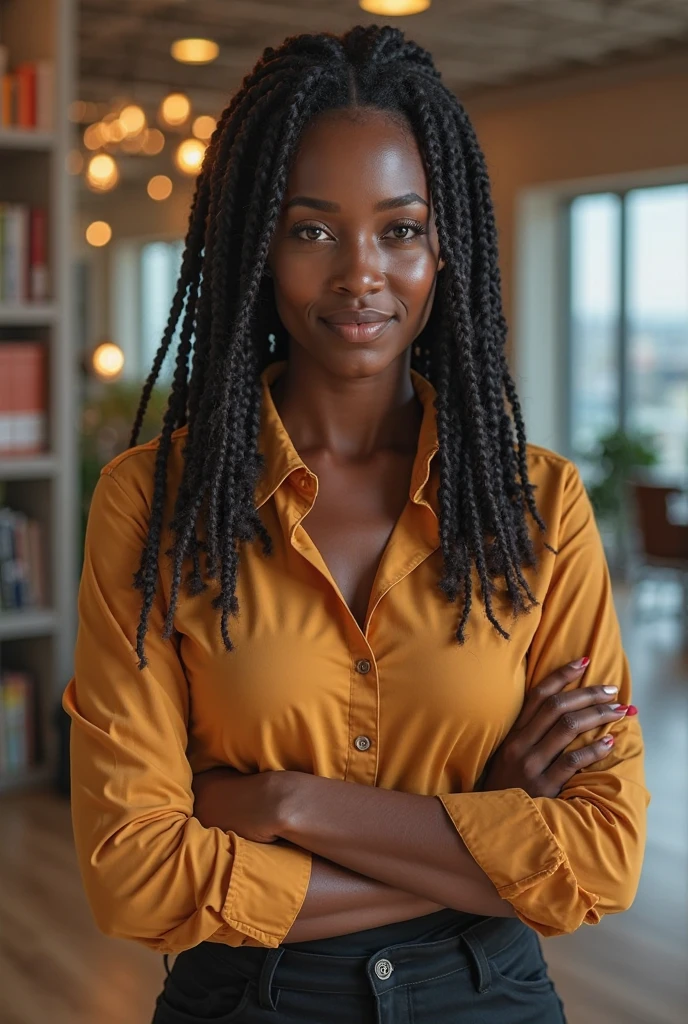 dark Black woman working as a manicurist portrait show The face she has black hair styled in braids and is dressed The background should depict a modern nail salon portrait look The câmera