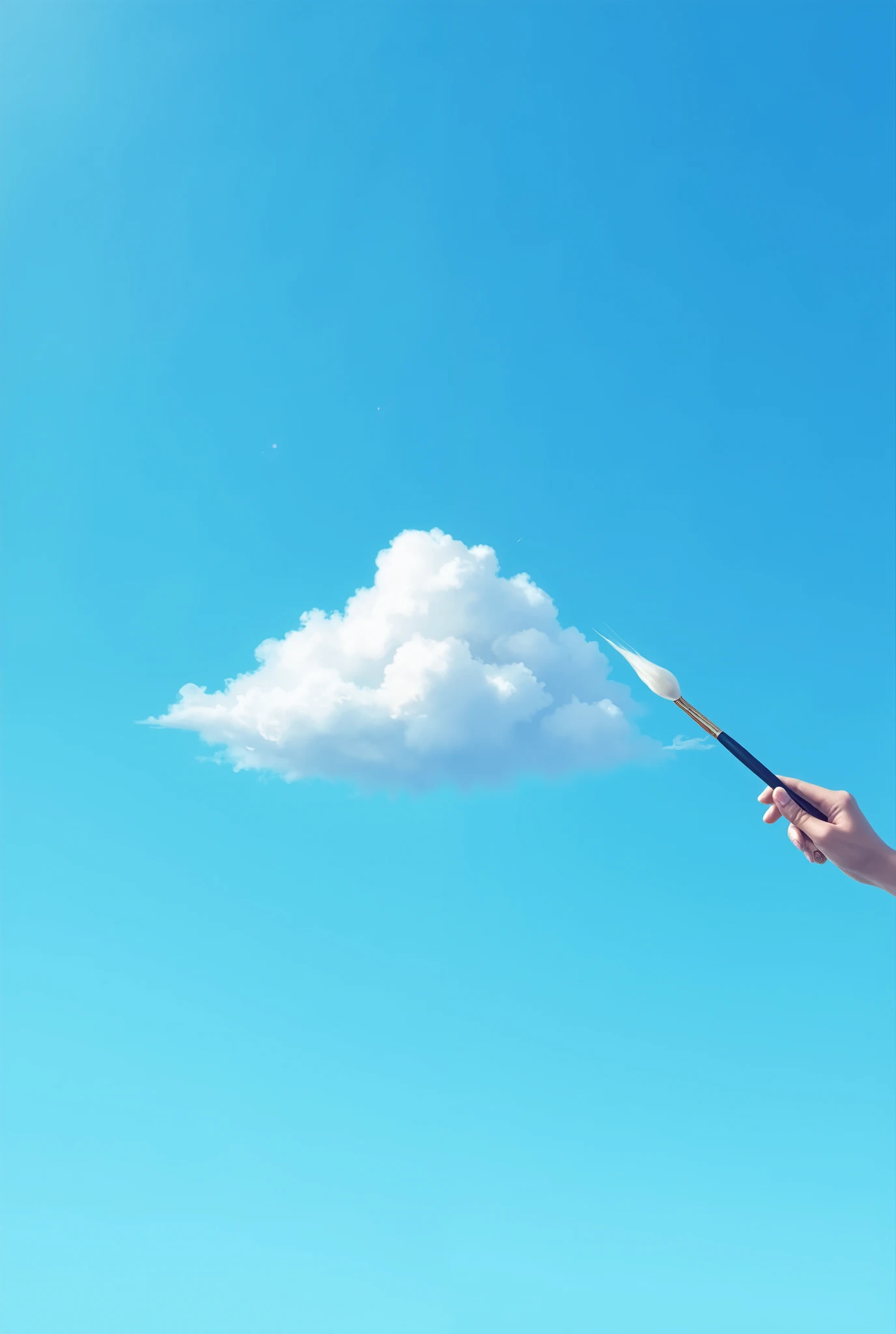 magical brush painting single white cloud, pristine azure sky, brush tip touching empty blue canvas, white paint swirling into delicate cloud shape, floating brush stroke, solitary cloud formation, pure blue background, elegant brush movement,