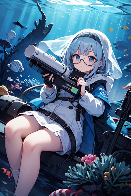 ((highest quality)), ((masterpiece)), (detailed), One girl, Oxygen cylinder.gas mask.Work clothes.White Hair.Prosthetic arm.Turning around..Beautiful Eyes.Aquarium
