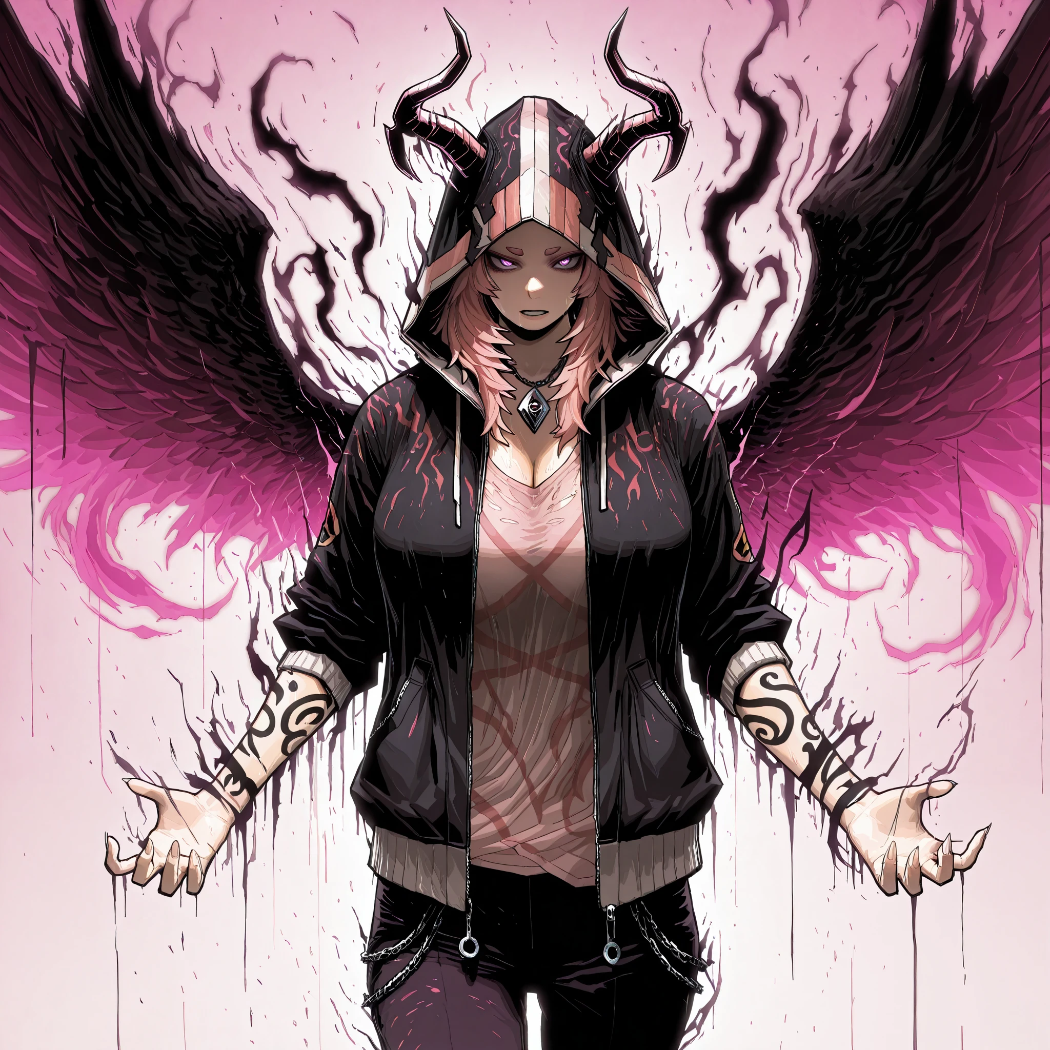 (Luxu-style:1.4), (Gogalking-style:1.2), (Kohei Horikoshi, My Hero Academia), Masterpiece, high quality, absurdres, best quality, very aesthetic, newest, dramatic light, chiaroscuro technically, contrasting color, dynamic composition, anatomical correct, HD, 4K, digital art, trending on DeviantArt, perfect body, perfect eyes, makeup, detailed eyes, perfect fingers, gasping, heavy breathing, excessive sweating, sweating, sweating profusely, gasping profusely, cinematic, ((skindentation)), ((voluptuous)), Mmananakiri, mature female, long hair, half updo hair, ((dark-pink hair)), purple eyes, short eyebrows, big breasts, bright pupils, hood, horns, hood_up, 1girl, claws, jacket, solo, open_jacket, chain, open_clothes, cowboy_shot, standing, fingernails, hooded_jacket, monster, zipper, tattoo, sharp_fingernails, graffiti, pants, jewelry, gradient, glowing, hoodie, necklace, looking_at_viewer, eldritch_abomination, demon, torn_clothes, facing_viewer, gradient_background, wings, ((dark aura, black aura)), glowing eyes