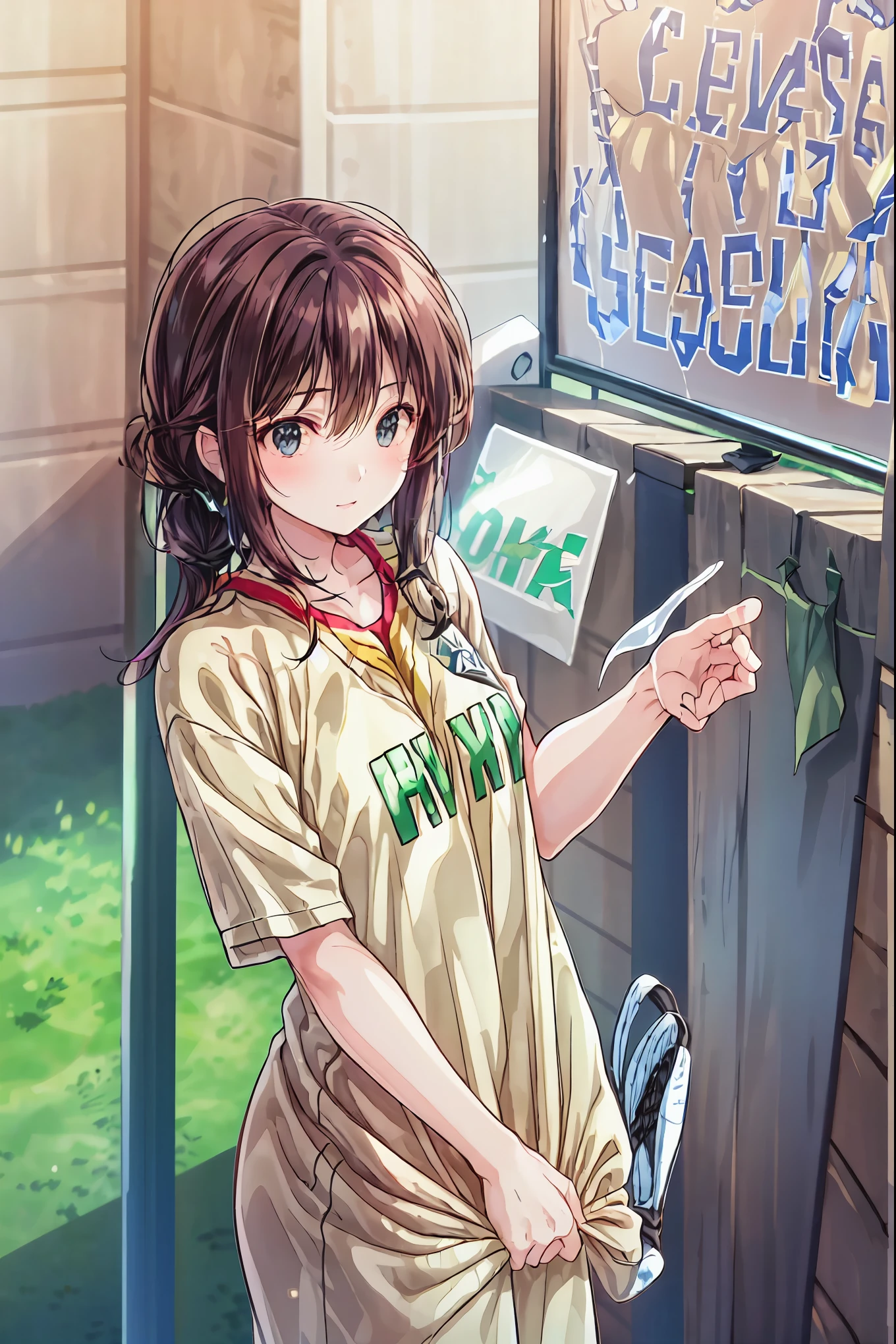 ((( ground )))、((  sports:2.0))、beautiful girl、  thighs、 sportsガール、  high school girl、Softball、  soccer、 A Short Walk、 hair，shortcuts， 乱れたhairに隙間，短い編み込みのhair， Neat ，  Slender Beauty ，  correct posture， small breasts，beautiful legs，Her Enchanting Gray-Blue Eyes Shine Like Stars，droopy eyes，bright color,beautiful eyes,A delicate smile,textured skin,  TOP QUALITY  ,  A Parody of a Gentle and Beautiful Woman ,  anime style､