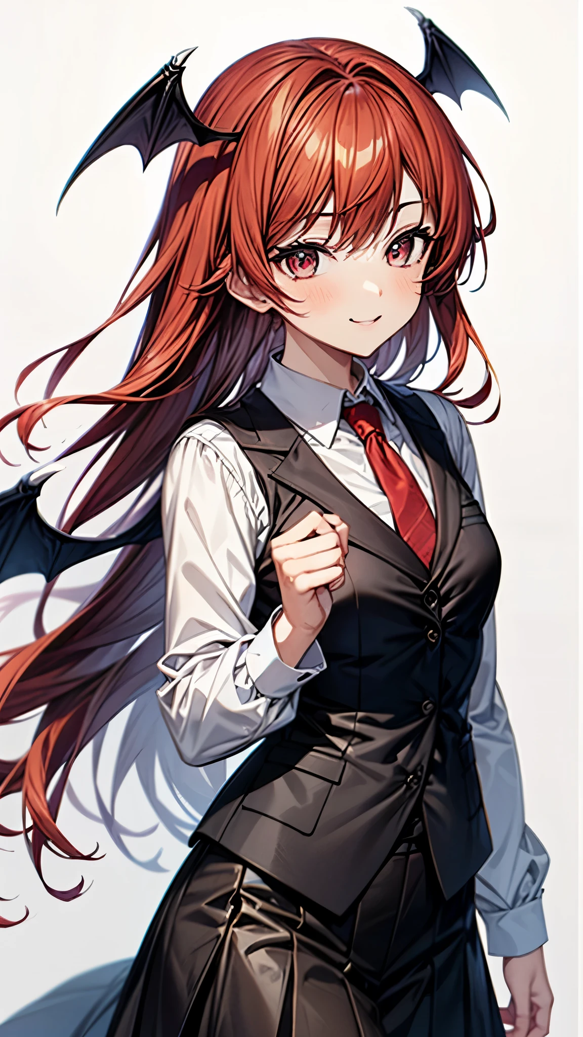 (super high quality,Ultra High Definition,16k,super masterpiece,Ultra HD , detailed shading and background,)one girl, long red hair with ocean print,bat feathers on the head,Devil's feathers on the back ,Black vest, white long sleeve shirt,red tie,black skirt,smile,blush,The library where the sun shines,