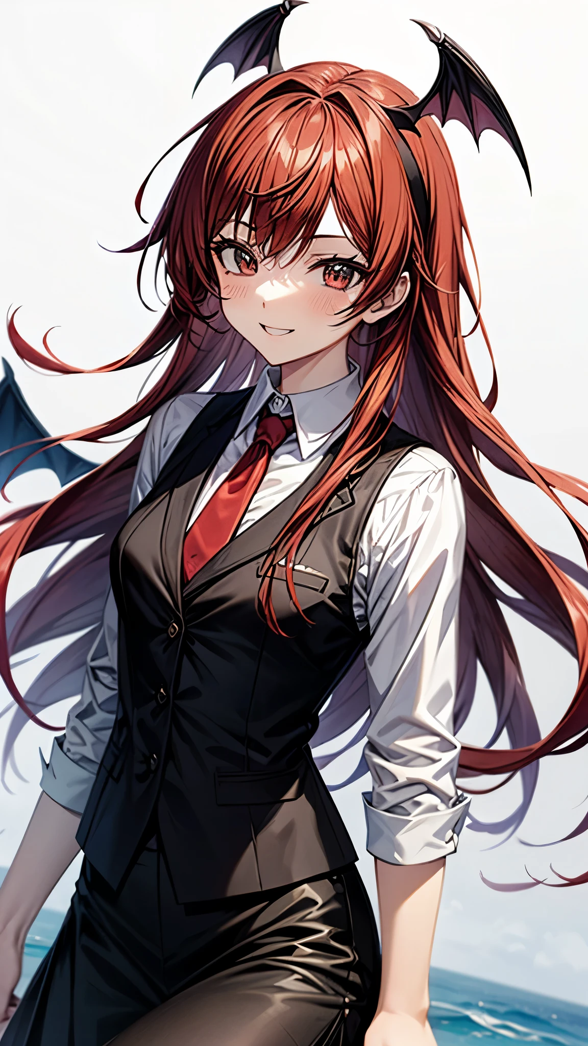 (super high quality,Ultra High Definition,16k,super masterpiece,Ultra HD , detailed shading and background,)one girl, long red hair with ocean print,bat feathers on the head,Devil's feathers on the back ,Black vest, white long sleeve shirt,red tie,black skirt,smile,blush,The library where the sun shines,