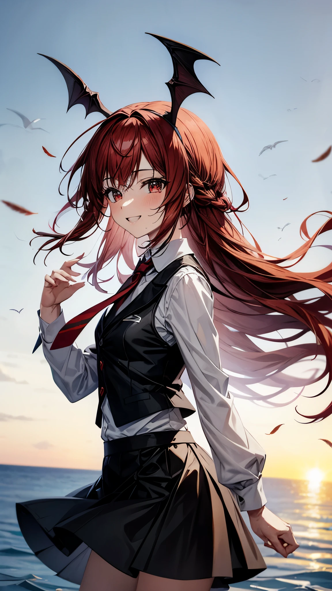 (super high quality,Ultra High Definition,16k,super masterpiece,Ultra HD , detailed shading and background,)one girl, long red hair with ocean print,bat feathers on the head,Devil's feathers on the back ,Black vest, white long sleeve shirt,red tie,black skirt,smile,blush,The library where the sun shines,