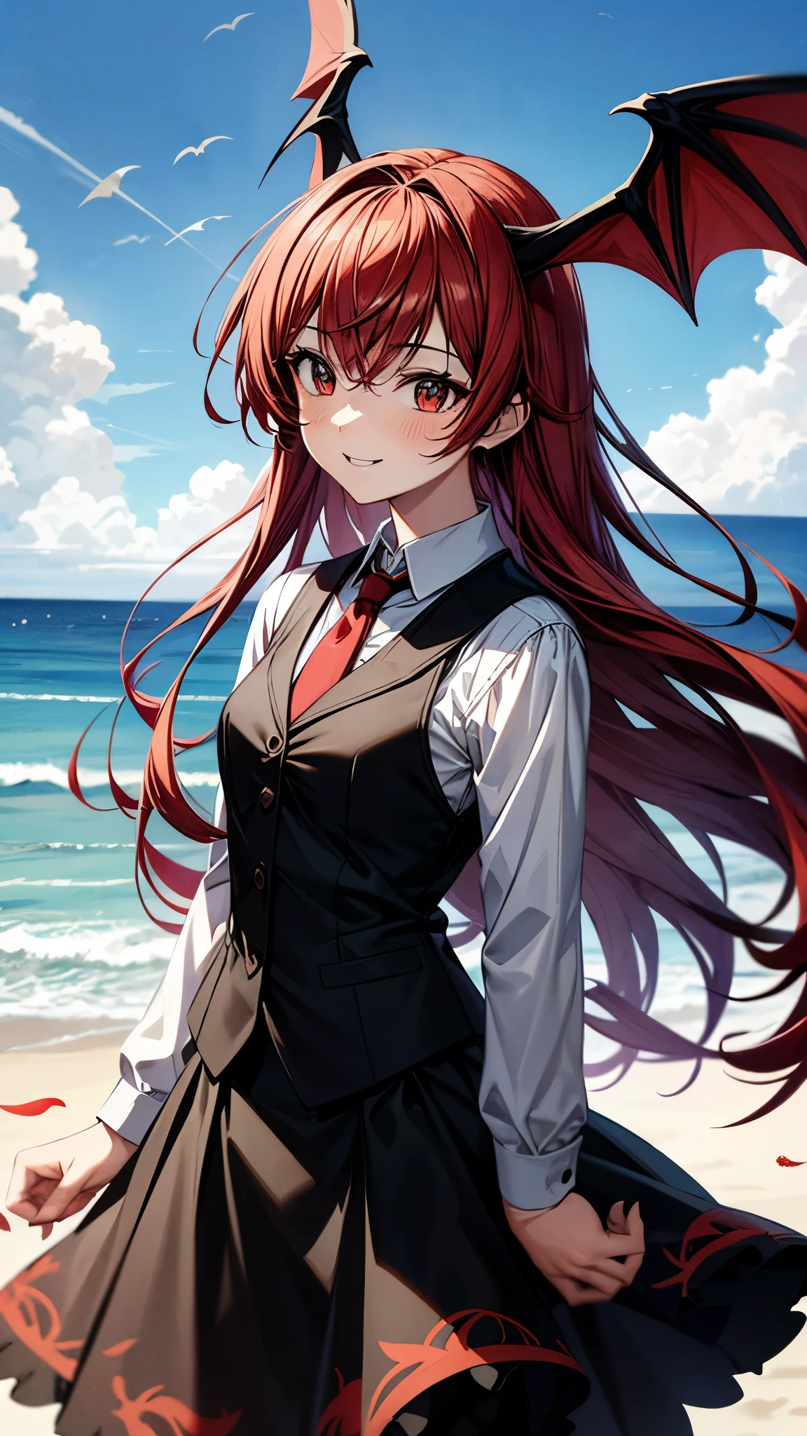 (super high quality,Ultra High Definition,16k,super masterpiece,Ultra HD , detailed shading and background,)one girl, long red hair with ocean print,bat feathers on the head,Devil's feathers on the back ,Black vest, white long sleeve shirt,red tie,black skirt,smile,blush,The library where the sun shines,