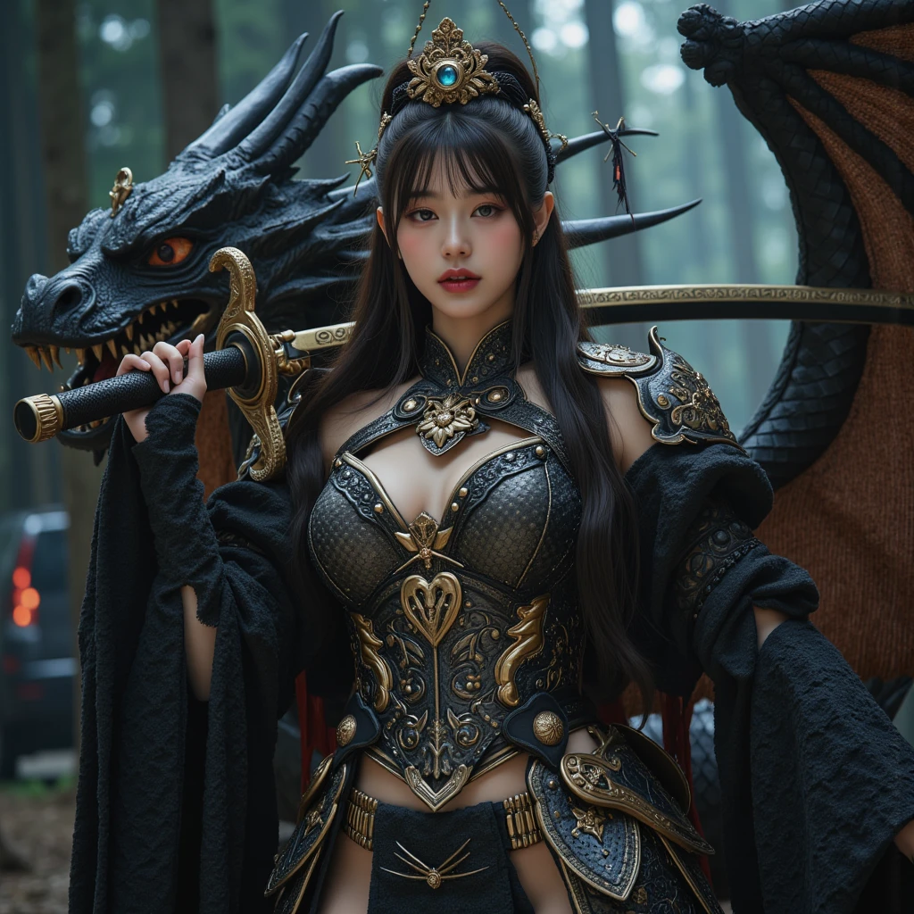 Professional , masterpiece、top-quality、photos realistic , depth of fields 、((super realistic details))、portlate、octan render、8K、Armpit、ultrasharp、(Dragon Black Metal Body:1.9),(Matte Blue Black、(Night World)、(cleavage of the breast)、Dragon Gold Weapon、(Micro Bikini Armor:1.4),Gorgeous gold weapons ,(Fight dragons)、Seductive look、(( Dragon's dense and gorgeous sword)) , (demonic wings) ,Detail and gorgeous crown、((a blond))、(Castle background)、((Gangle's forest background))、Beautiful Caucasian beauty、1a person、dynamic ungle,(((Detailed and ornate dragon helmet)))、Smaller head、A smile、Castle background、Thin and beautiful female hands、cleavage of the breast、Soldier in iron armor on background、Mystical expression、Light Effects、intense fighting、Wind-effect、magic circles、With the legendary magic wand、Dragon's tail、Full Body Angle、