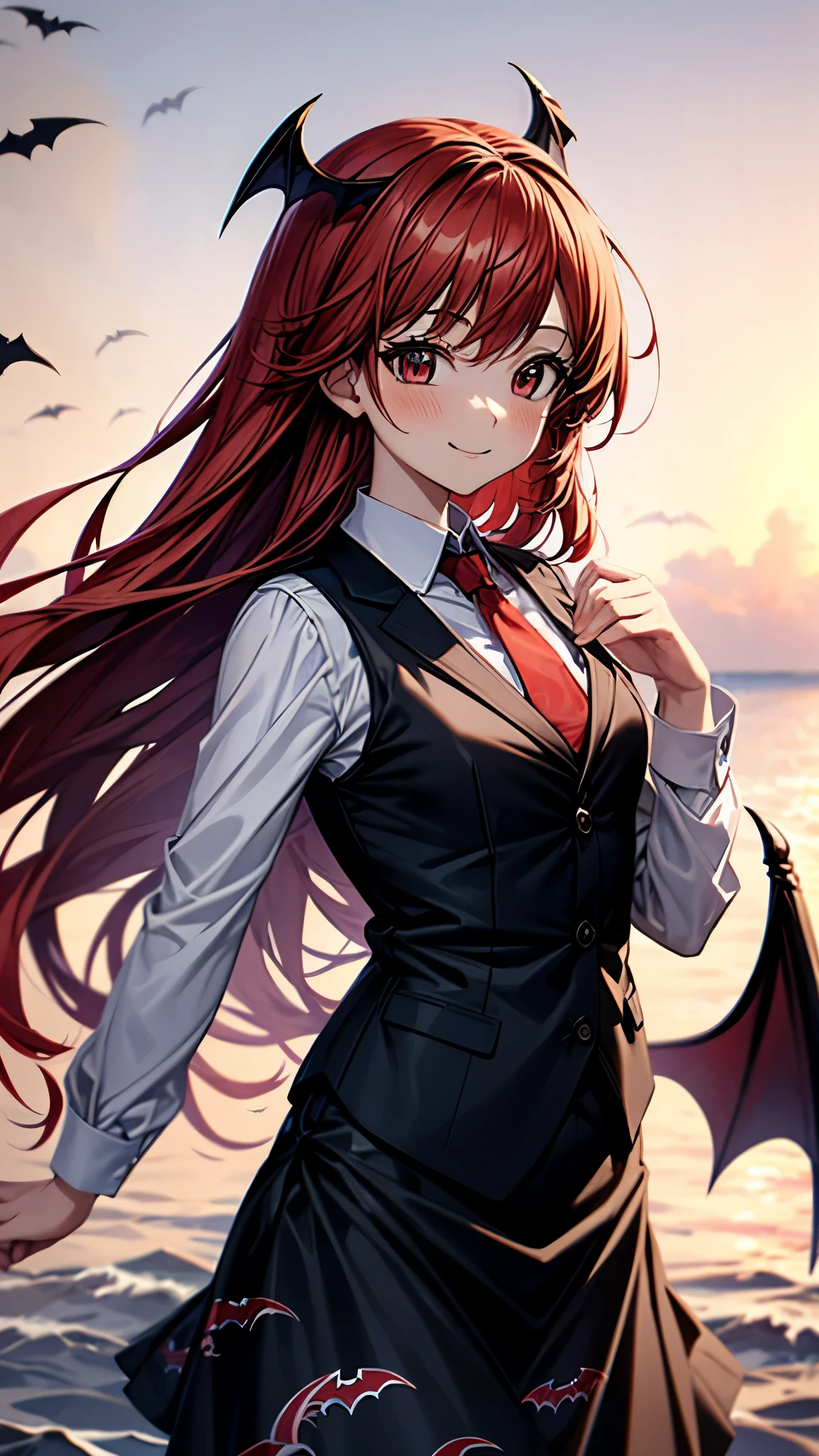 (super high quality,Ultra High Definition,16k,super masterpiece,Ultra HD , detailed shading and background,)one girl, long red hair with ocean print,bat feathers on the head,Devil's feathers on the back ,Black vest, white long sleeve shirt,red tie,black skirt,smile,blush,The library where the sun shines,