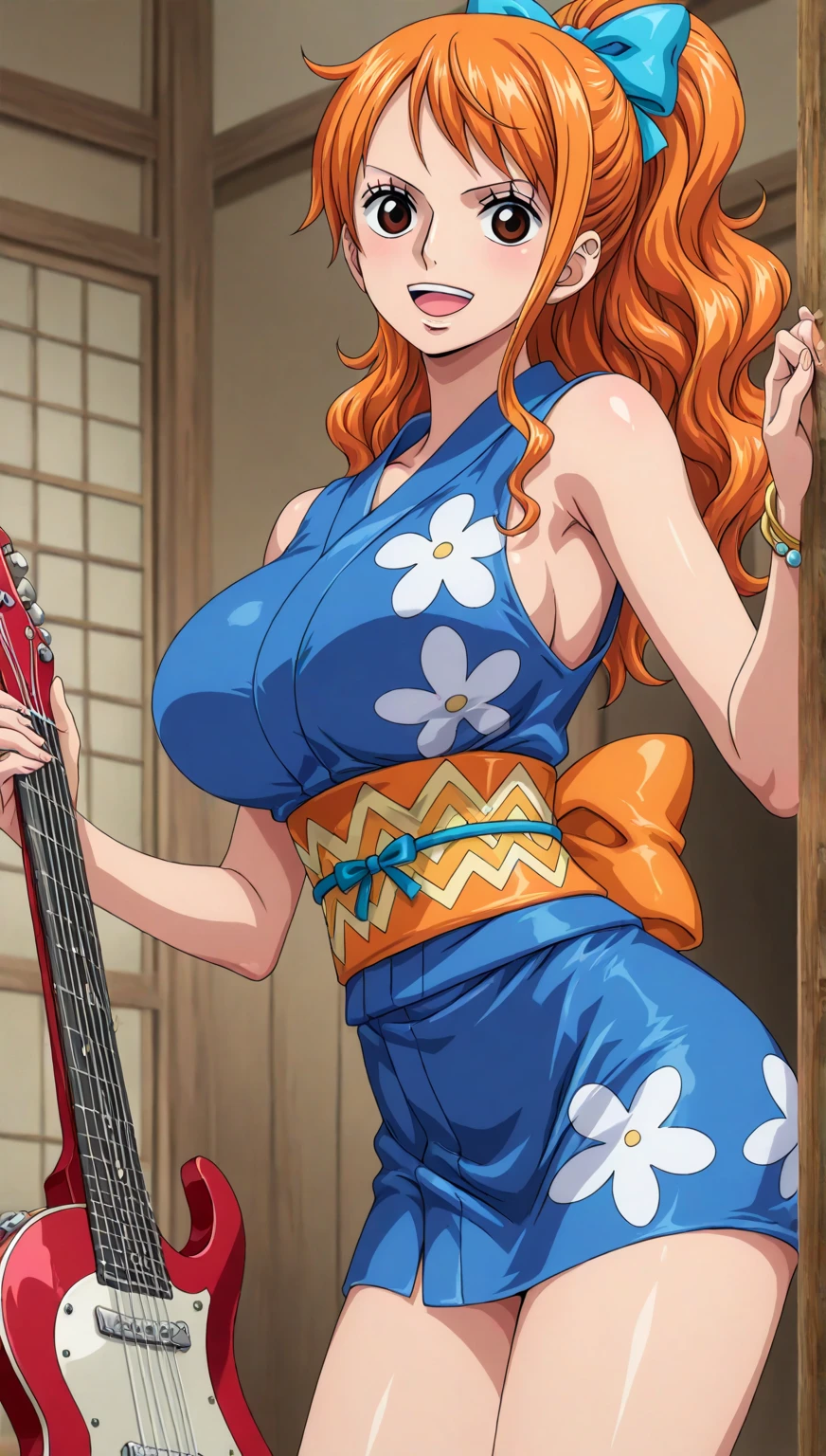 (Best Quality), (8K), (16K), (masterpiece), smooth texture, anime screencap, one_piece, one piece anime style
BREAK
Nami, 1girl, Solo, long orange hair, wavy hair, swept bangs, Brown eyes, large Breasts, slender waist
BREAK
blue kimono, bracelet, sleeveless kimono, hair bow, japanese clothes, sash, blue bow, orange bow, ponytail, short kimono, ribbon, bracelet
BREAK
open mouth, looking at Viewer, (cowboy shot), smile hold guitar hold guitar playing guitar 