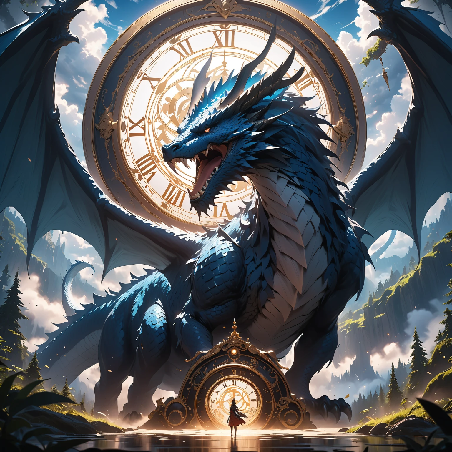 (Theme: A Single Cloud in the Sky:2),fantasy seen down,(Giant dragon),(Putty Dark Forest :1.5),(Big mirror clock