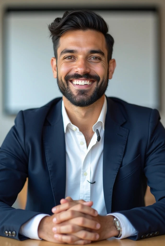 "Ultra-realistic portrait of a confident and well-groomed man with a neatly trimmed beard and short, stylish black hair. He is smiling warmly, showing his teeth, and has a friendly expression. He is wearing a well-fitted navy blue blazer over a crisp white dress shirt, with the top button undone for a relaxed yet professional look. A small microphone is clipped to his shirt, suggesting a professional setting. Both of his hands are resting on the table in front of him, conveying a poised and engaged demeanor. The background is blurred, depicting an indoor conference or meeting room with a whiteboard or projector screen. The lighting is soft and even, enhancing the realism of the subject’s facial features, hand positioning, and clothing textures."