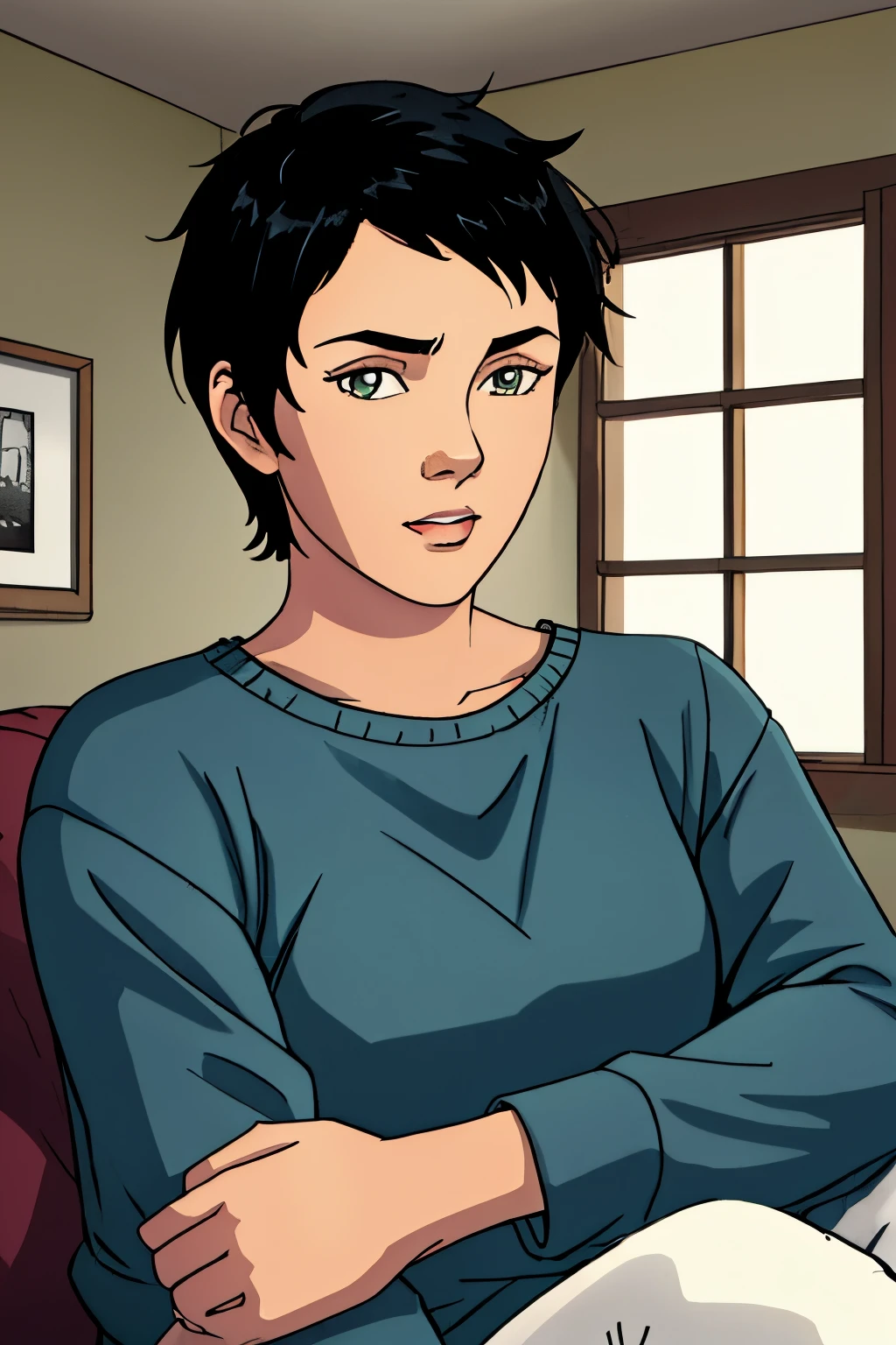 close up 1woman in, adult, Solo, latina, black hair, short hair, pixie haircut, messy black hair, short hair, green pupils, neutral face, (wearing casual clothes, jeans, 1.1), (detailed living room background:1.1), chilling, 4k textures, soft light, elegant, highly detailed, sharp focus, soothing tones, insane details, intricate details, hyperdetailed, low contrast, exposure blend, hdr, faded