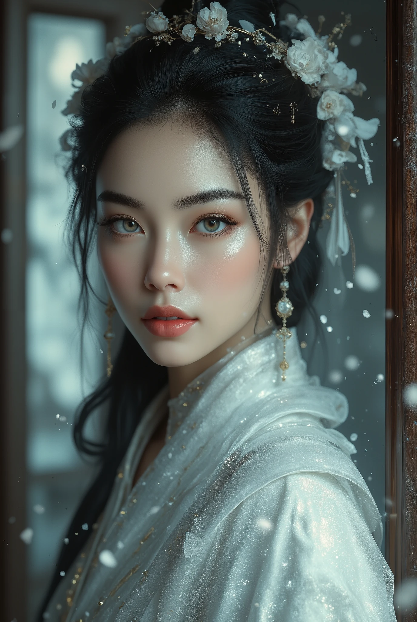 Elegant and intelligent classical Chinese woman, Wear a belly band, Standing at the door with a smile, Her skin shines more than snow , Her eyes are like pools of clear water. There is a faint book-like atmosphere.