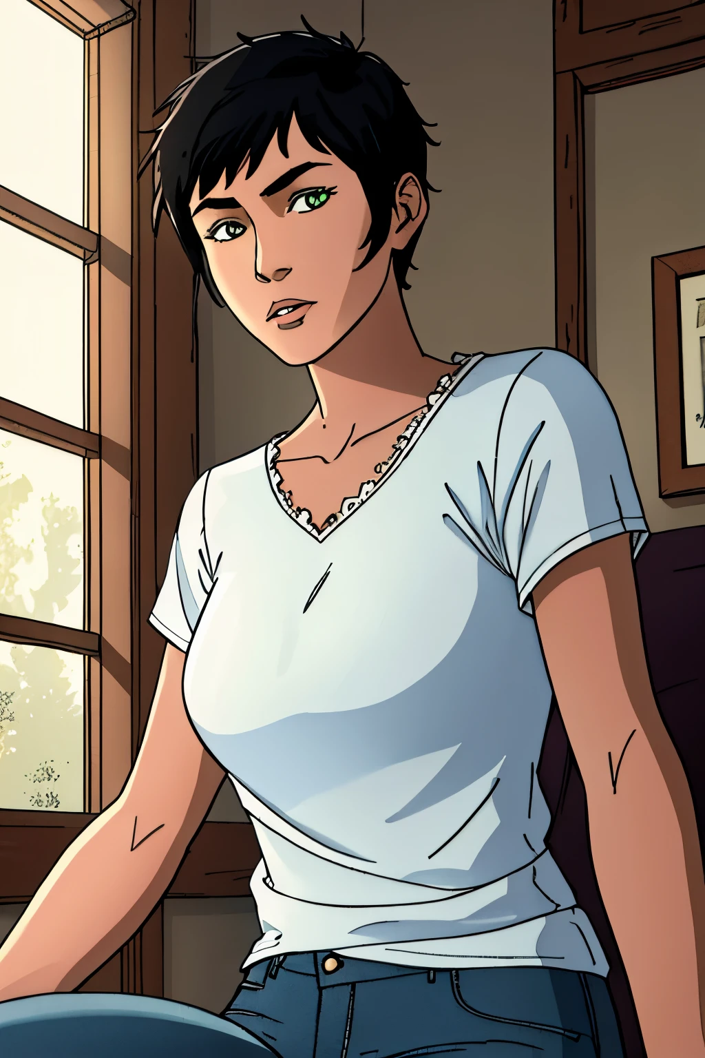 close up 1woman in, Solo, latina, black hair, short hair, pixie haircut, messy black hair, short hair, green pupils, neutral face, (wearing casual clothes, jeans, 1.1), (detailed living room background:1.1), chilling, 4k textures, soft light, elegant, highly detailed, sharp focus, soothing tones, insane details, intricate details, hyperdetailed, low contrast, exposure blend, hdr, faded