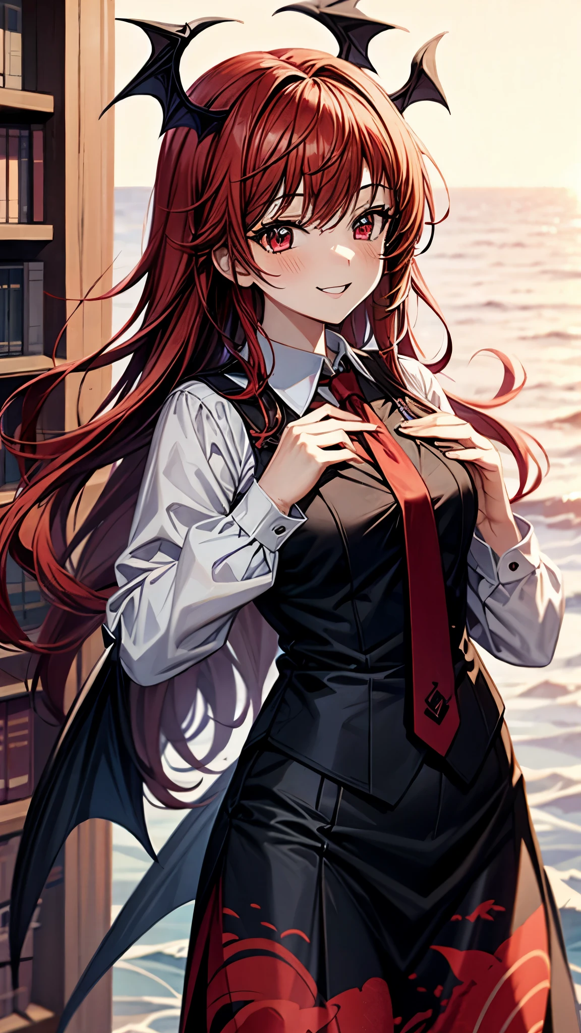 (super high quality,Ultra High Definition,16k,super masterpiece,Ultra HD , detailed shading and background,)one girl, long red hair with ocean print,bat feathers on the head,Devil's feathers on the back , white long sleeve shirt,red tie,smile,blush,The library where the sun shines,