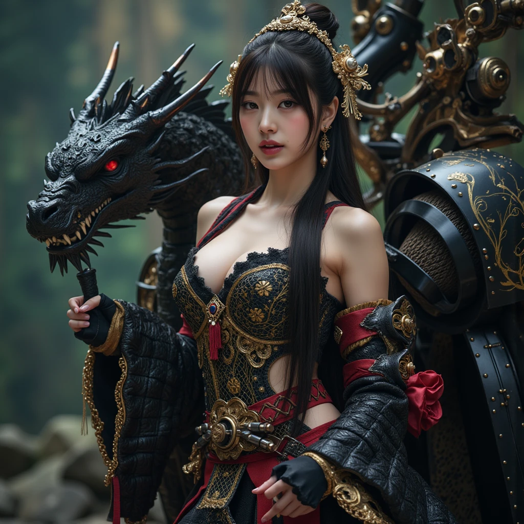 Professional , masterpiece、top-quality、photos realistic , depth of fields (Gemstone Black Metal Body:1.9),(Enamel Black、(cleavage of the breast)、(Chinese Dragon)、Dragon Gold Weapon(Dragon Metal Body:1.4),Gorgeous gold weapons ,(( Dragon's dense and gorgeous sword)) , 、blood splashing、 ,warhammer 40k , adepta sororitas,Detail and gorgeous crown、((Brown hair))、(The dragon)、(Castle background)、The dragon、((Gangle's forest background))、Beautiful Caucasian beauty、(1a person)、dynamic ungle,(((Detailed and ornate Black Devil Crown)))、Smaller head、A smile、Castle background、Thin and beautiful female hands、cleavage of the breast、Mystical expression、Light Effects、Wind-effect、magic circles、With the legendary magic wand、(demonic wings)、Toostock、Look at viewers、