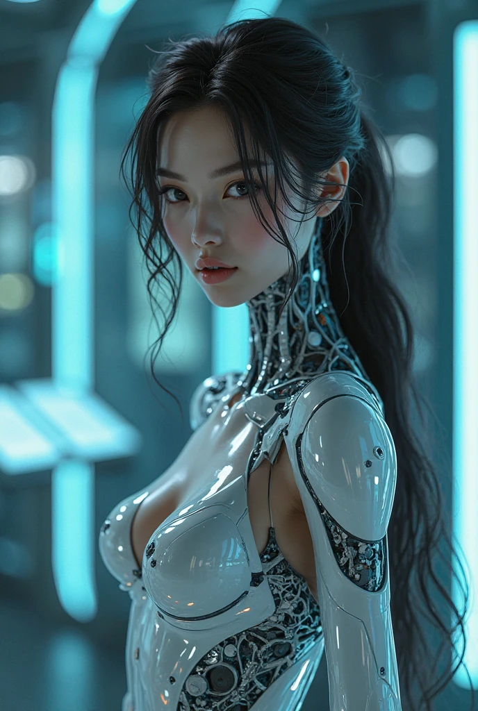 1 realistic girl,white goods, long hair, breasts big, ((Extraordinarily realistic details)), portraite, World-class lighting, ombre, octane rendering, 8f, ultra sharp, white metal,complicated, detailed jewellery, cool colors, highly complicated details, realistic light, trends at CGSociety, glare eyes, beautiful face, cleary see face, Double eyelids, Pose as a model, Face the camera., neon details, mechanical members, blood vessels connected to tubes, Wires and cables connected to the body, highy detailed, เทคโนโลยีจากfuture world, future world, alien tech, space ship, Advanced alien world, cutting edge technology