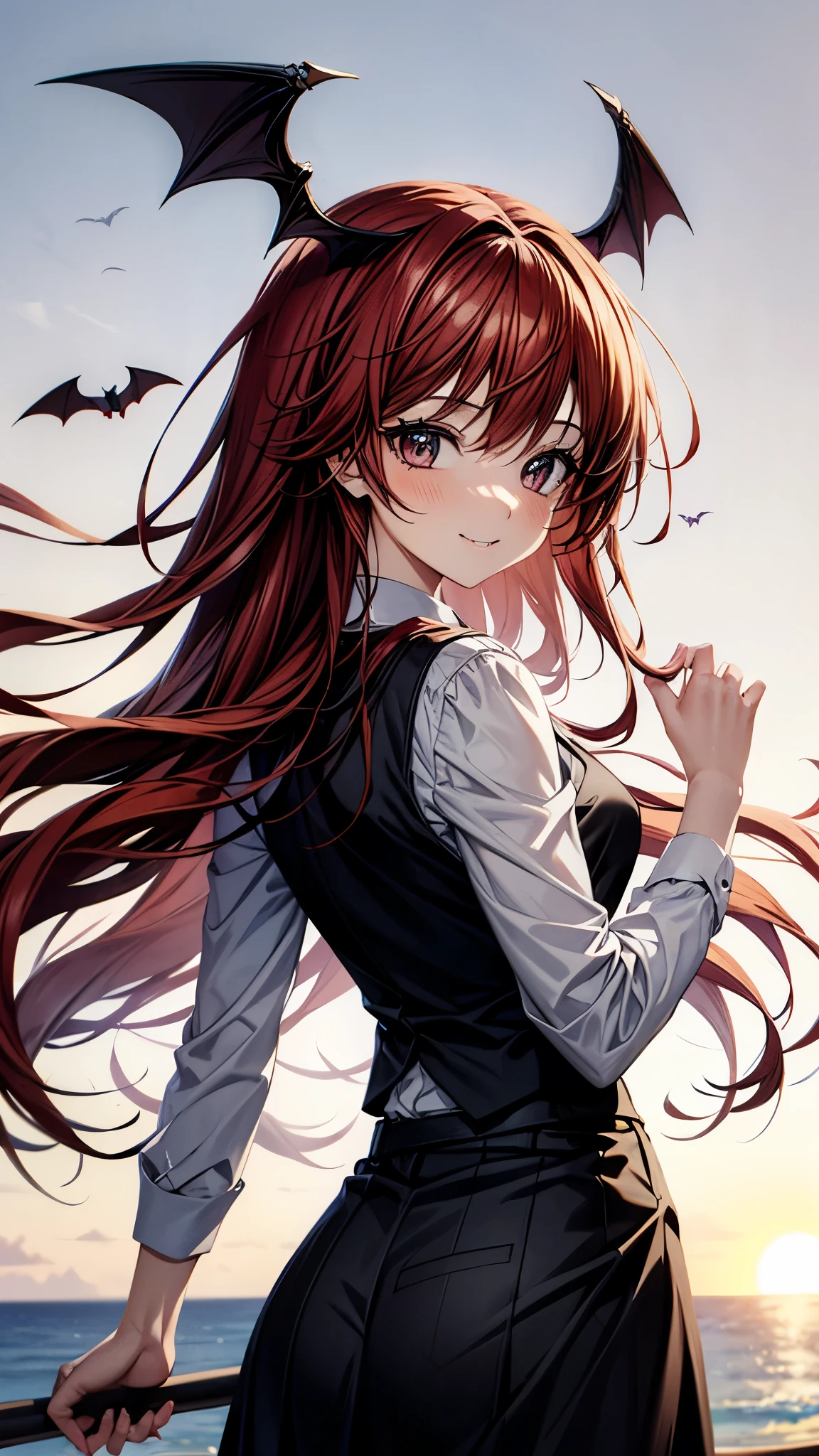 (super high quality,Ultra High Definition,16k,super masterpiece,Ultra HD , detailed shading and background,)one girl, long red hair with ocean print,bat feathers on the head,Devil's feathers on the back , white long sleeve shirt,red tie,smile,blush,The library where the sun shines,