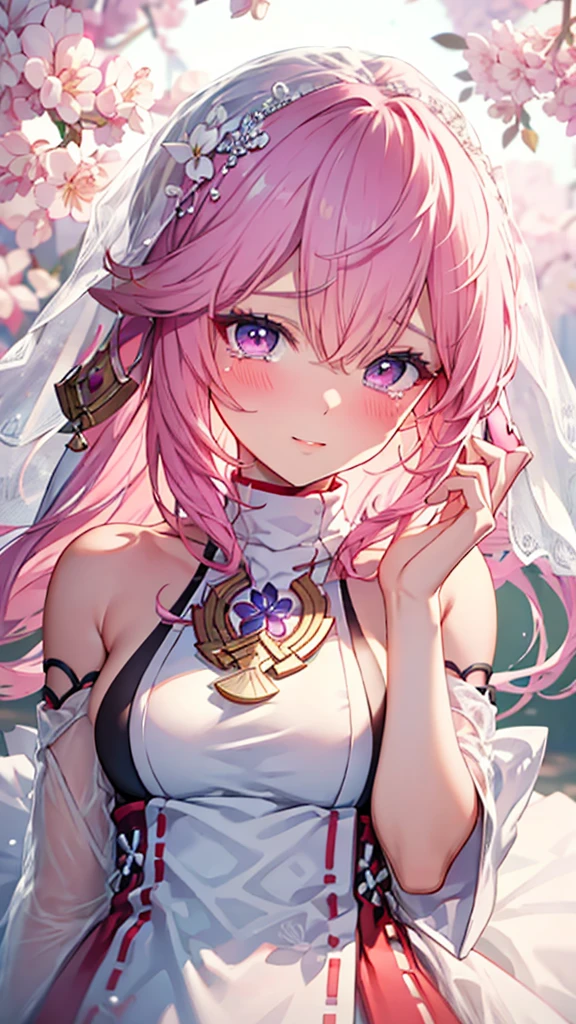 Very detailed, Seductive female sweating, Breasts covered with rose petals, (full, Pink/blue hair), Centered on the face, face focus, Complex eyes,