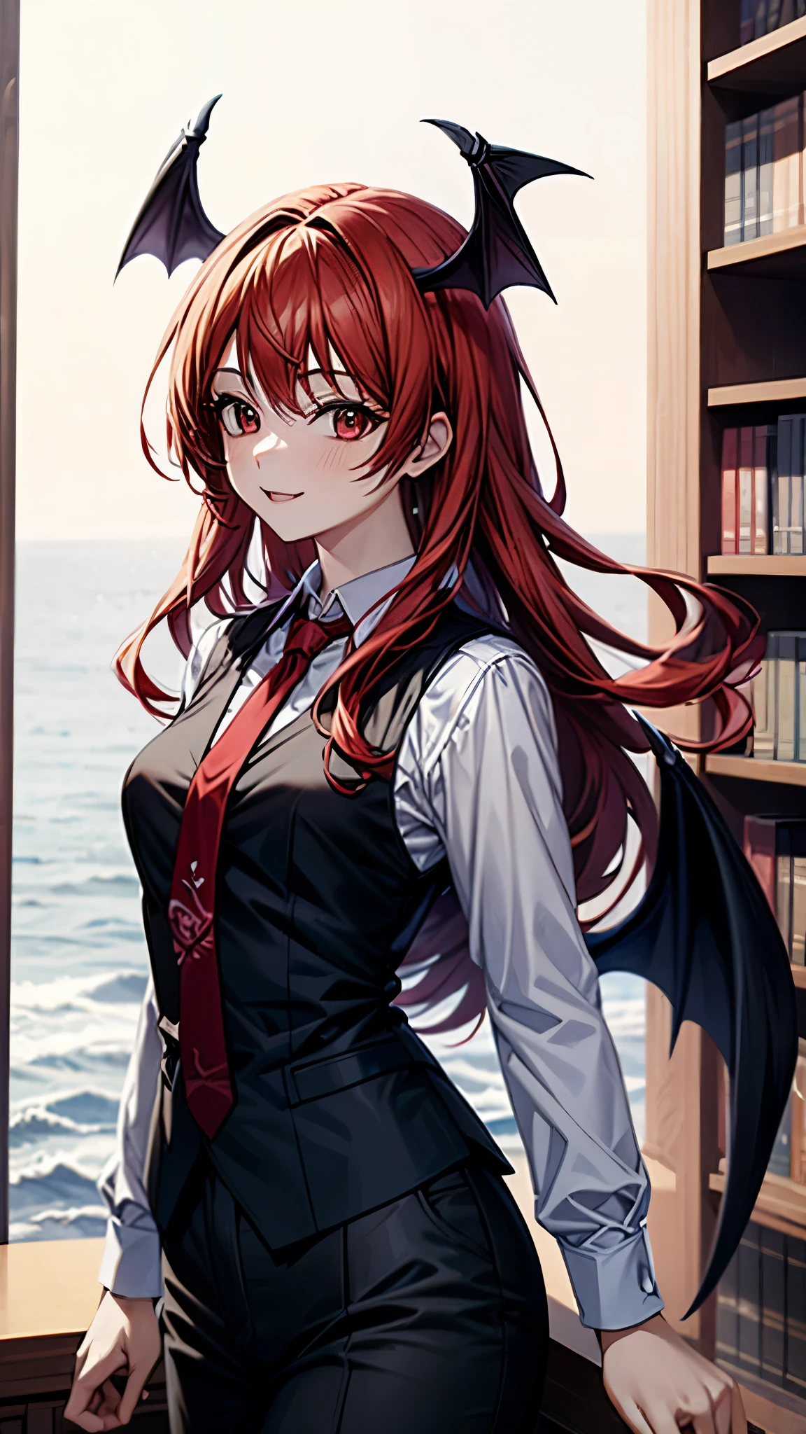 (super high quality,Ultra High Definition,16k,super masterpiece,Ultra HD , detailed shading and background,)one girl, long red hair with ocean print,bat feathers on the head, devil's wings on the back, white long sleeve shirt,red tie,smile,blush,The library where the sun shines,