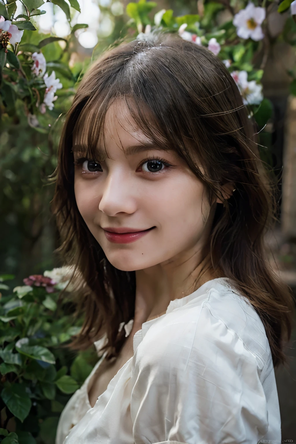 Une jeune femme de 20 ans avec des cheveux bruns et des yeux clairs se tient dans un grand jardin public. Elle porte une robe verte élégante qui ondule légèrement avec la brise. Le jardin est rempli de fleurs colorées et d'arbres majestueux, créant une atmosphère paisible et pittoresque. La lumière du soleil traverse doucement les feuilles, illuminant son visage et accentuant la couleur éclatante de sa robe. Des allées de gravier serpentent à travers le jardin, avec des bancs en bois et des statues classiques éparpillés autour.