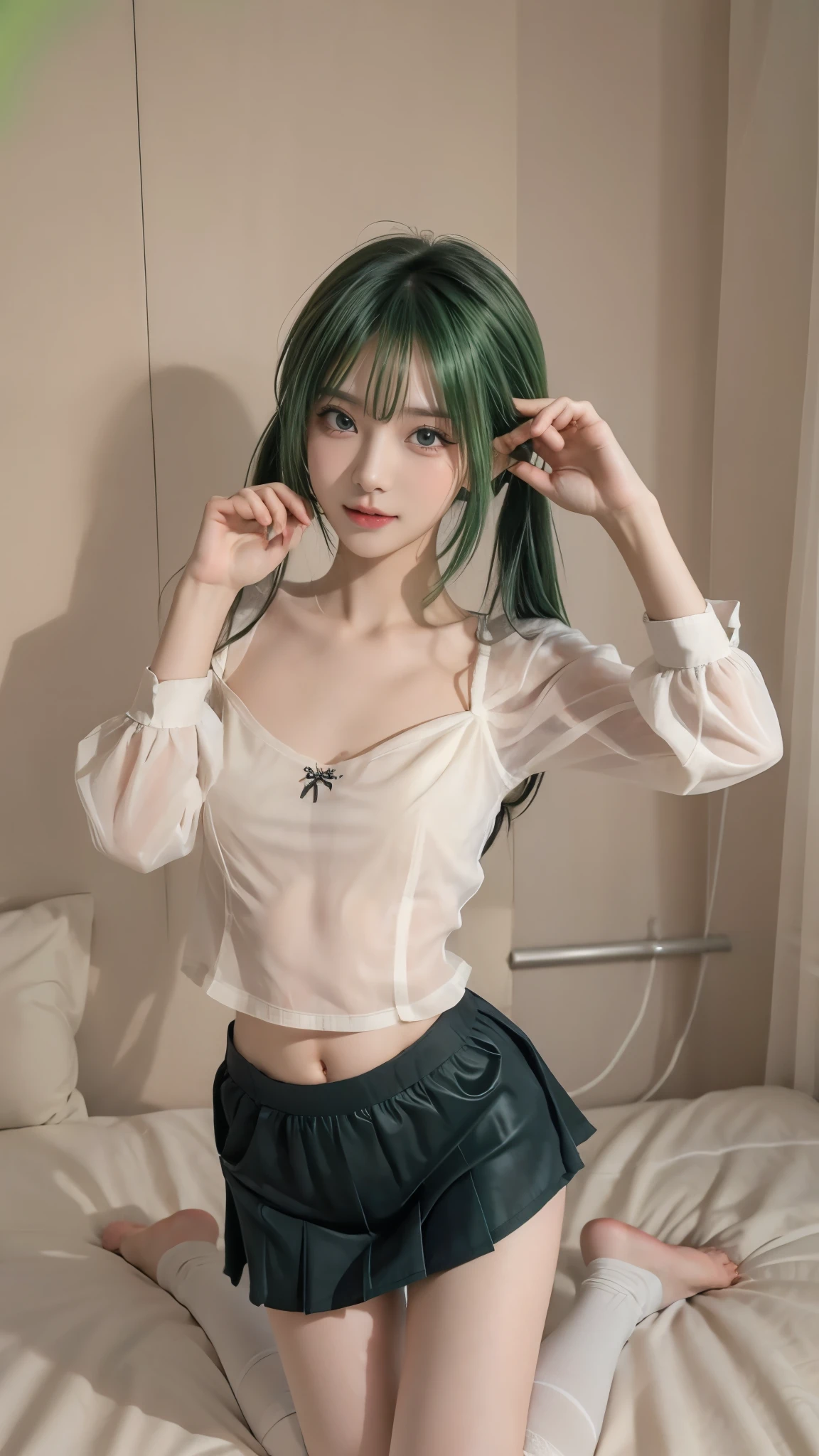 TOP QUALITY、Highest Image、Greatest Masterpiece、 reality:1.3、Ultra Fine、 Professional Shooting Techniques 、Professional lighting techniques 、Beautiful Girl、、Young Face、Beautiful small face、High nose、Big pretty eyes、Attractive moist lips、(Beautiful breasts)、 small nice ass、thin thighs、 beautiful feet、slender body line、bob hair、short twin tails、((Bright green hair:1.2))、cute、kind、Healing、Stylish white shirt、miniskirt、 beautiful collarbone 、Japanese anime style illustration pouring in from the Moon、1 person、still shooting site、Cute hand sign、 cute pose 、( stare at the viewer、 mischievous expression ), (detailed feet:1.3, Perfectly correct foot:1.3,  fine fingertips down to the smallest detail)、( detailed hands:1.3, perfect right hand:1.3), (Beautifully shaped belly button:1.2), ((knee-high socks:1.1))、(tight waist:1.2)