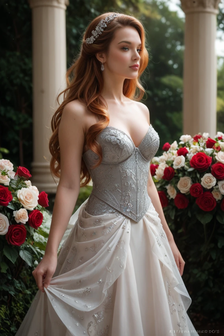 (full body shot) photorealistic image of a bride, ultrarealistic, long red hair, woman, 24 years old, perfect body, seductive look, natural medium breasts, blur background, she is wearing a beautiful studded medieval style wedding dress of stones, is posing on a Florence street, intricate details, highly detailed, 4k, HDR