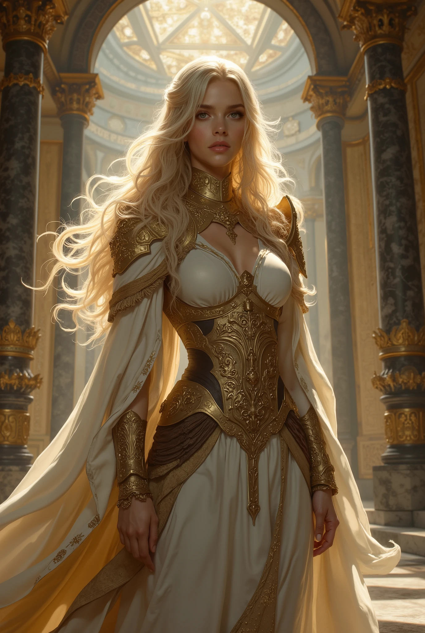 a black woman with long blonde hair, with big breasts and lips wearing dark lipstick, with a striking look and dark makeup with gold, the medieval white and gold detailed outfit holding a blue ice sword
