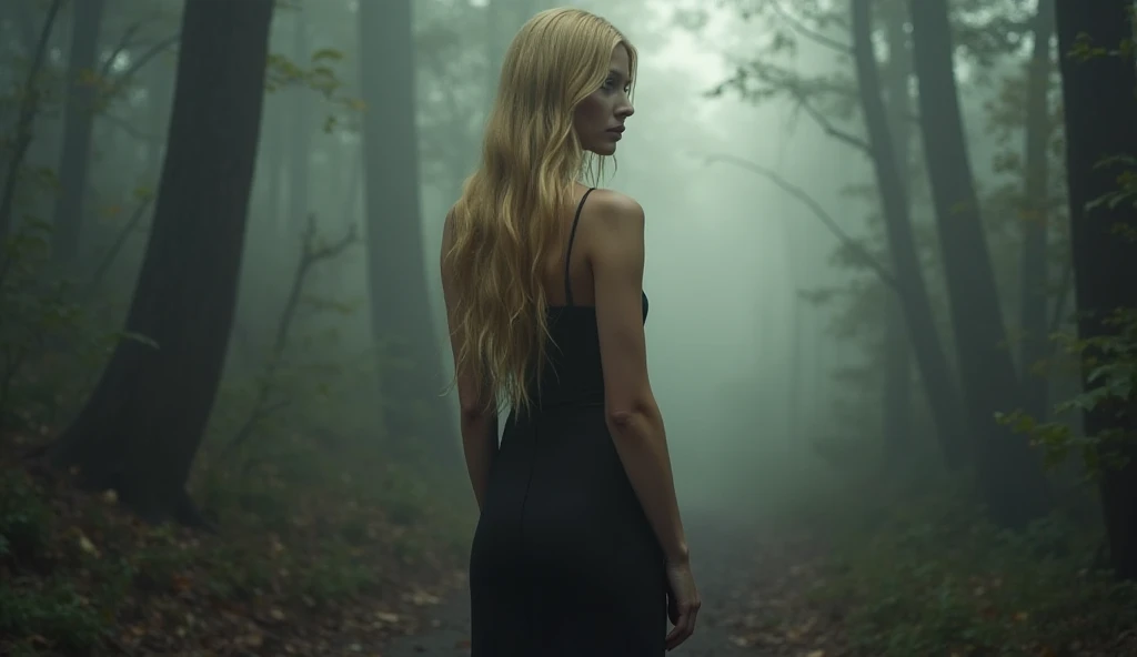 An incredibly beautiful girl, slim, big breasts, fit body. Long wavy blonde hair braided. Standing within a dense and deep mystical forest. The forest is shrouded in dense fog. She is standing next to a giant ancient oak tree. With an top