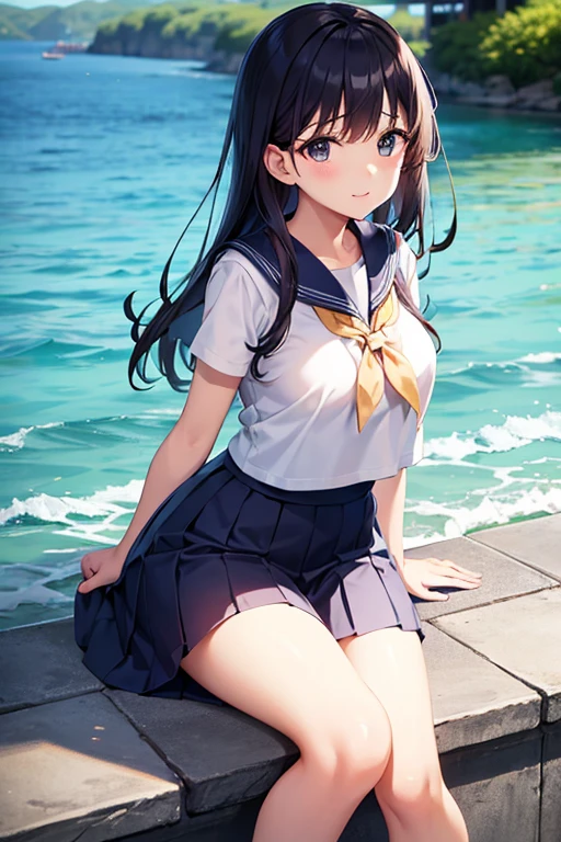 Minamimatsuura, Kanan Matsuura, Blue hair, Long hair, Ponytail, (Purple eyes:1.1), side locks, Blake Aquaneckerchief, grey sailor collar, grey skirt, Miniskirt, neckerchief, Pleated skirt, Sailor collar, sailor shirt, , serafuku, Shirt, Skirt, Summer uniform, uranohoshi , White shirt,Naughty big、large full breasts、BREAK looking at viewer, BREAK (masutepiece:1.2), Best Quality, High resolution, Unity 8k Wallpaper, (Illustration:0.8), (Beautiful detailed eyes:1.6 extra detailed face, Perfect Lighting, extremely details CG, (Perfect hands, Perfect Anatomy),A smile、(Skirt lift:1.3 (pink panty:1.3)、(Skirt that rolls up:1.3)、(Fully exposed panties:1.5)、outside of house、plein air、