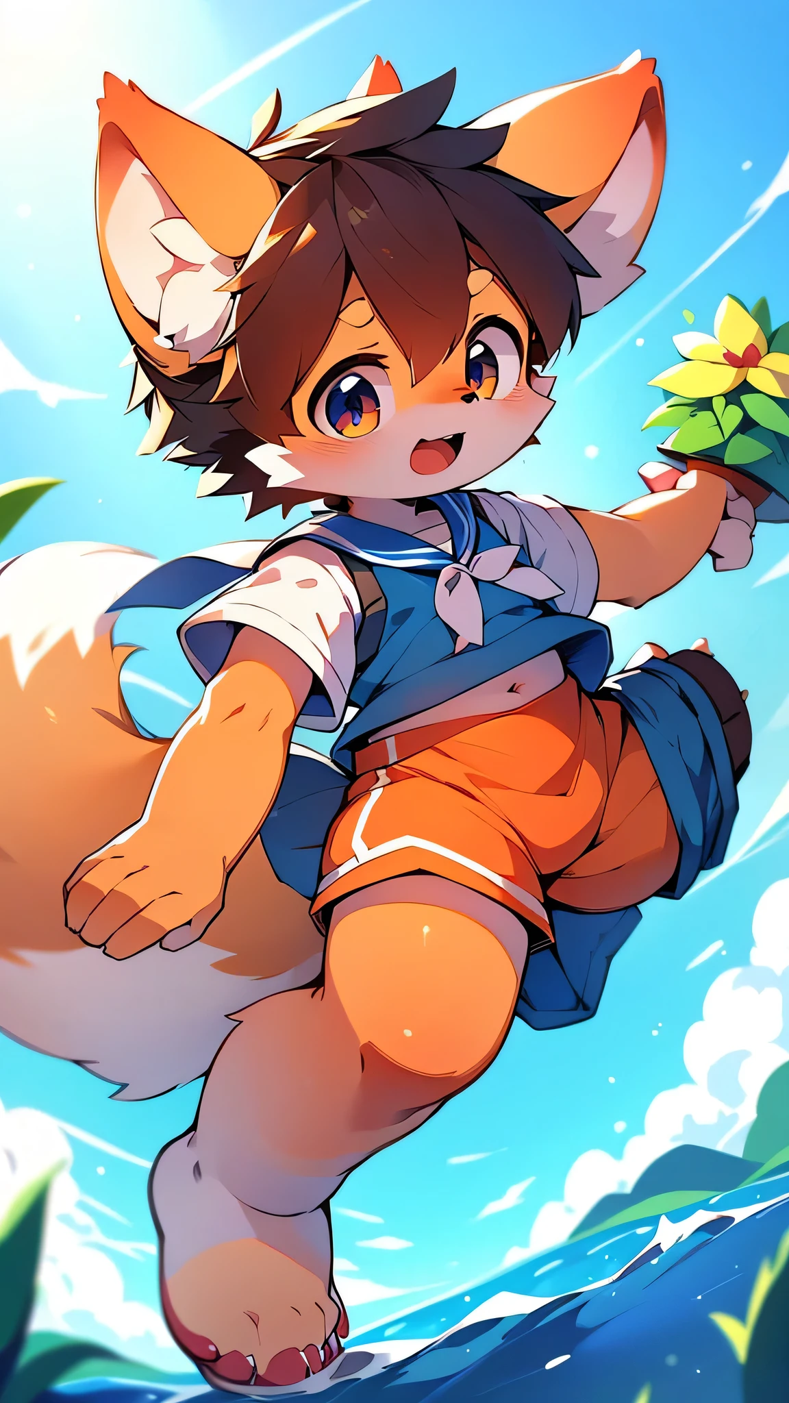 Fluffy furry, the feathers on his body are orange and on his stomach they are white, with a dominant black line on his stomach, while smiling facing the audience and waving his hands, background in water park, expression is excited,