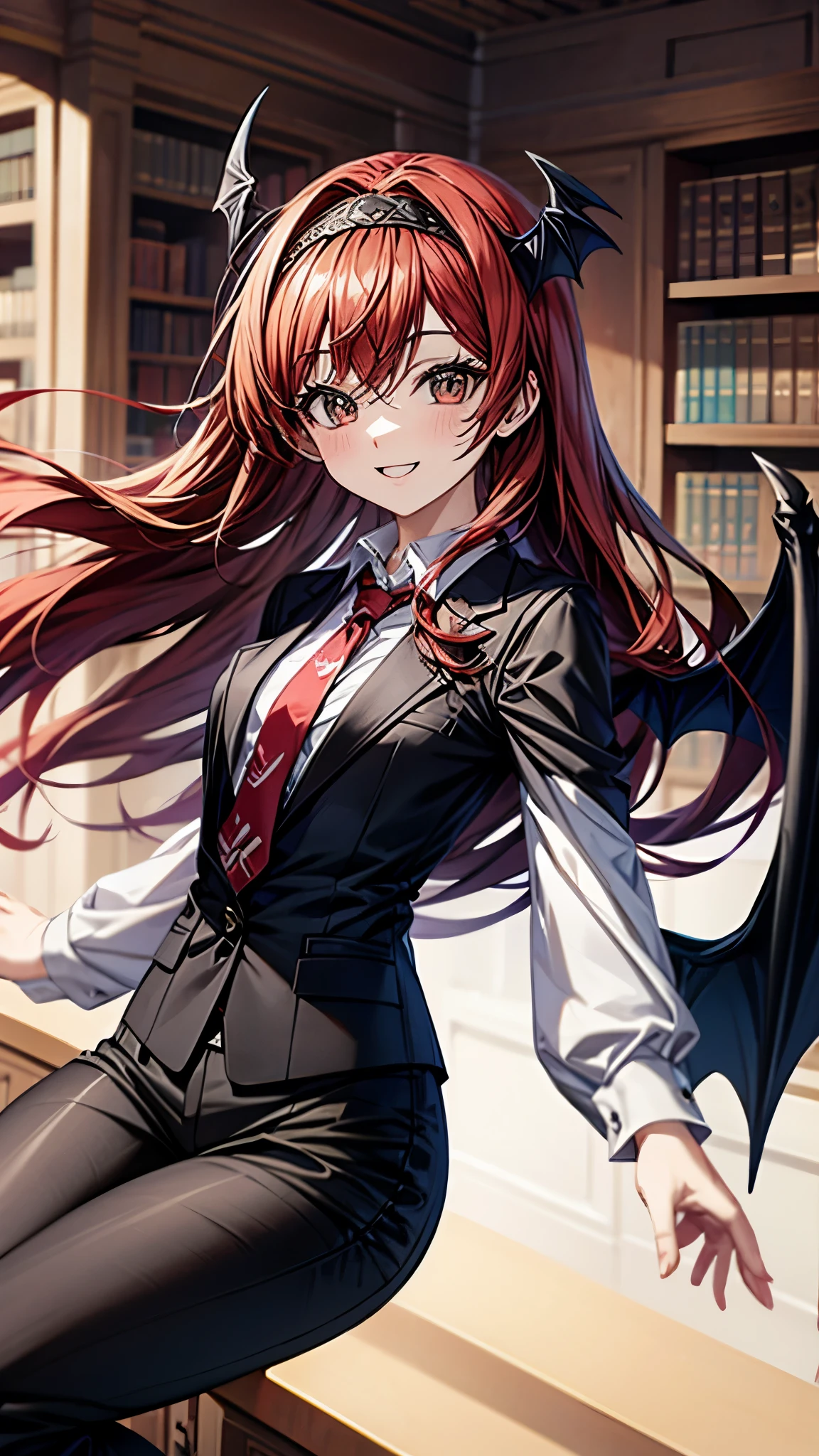 (super high quality,Ultra High Definition,16k,super masterpiece,Ultra HD , detailed shading and background,)one girl, long red hair with ocean print,bat feathers on the head, devil's wings on the back, white long sleeve shirt,red tie,smile,blush,The library where the sun shines,