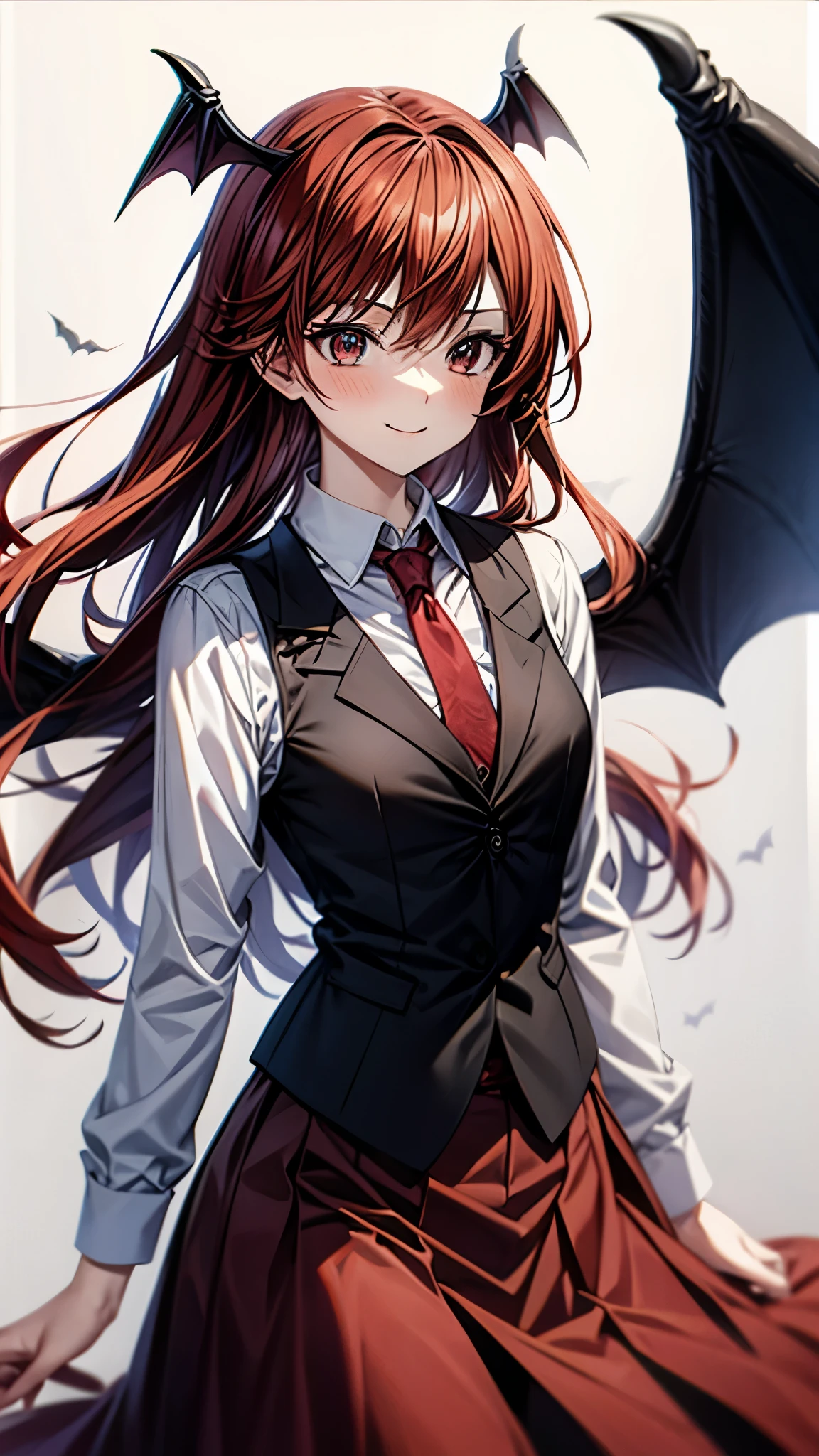 (super high quality,Ultra High Definition,16k,super masterpiece,Ultra HD , detailed shading and background,)one girl, long red hair with ocean print,bat feathers on the head, devil's wings on the back, white long sleeve shirt,red tie,smile,blush,The library where the sun shines,