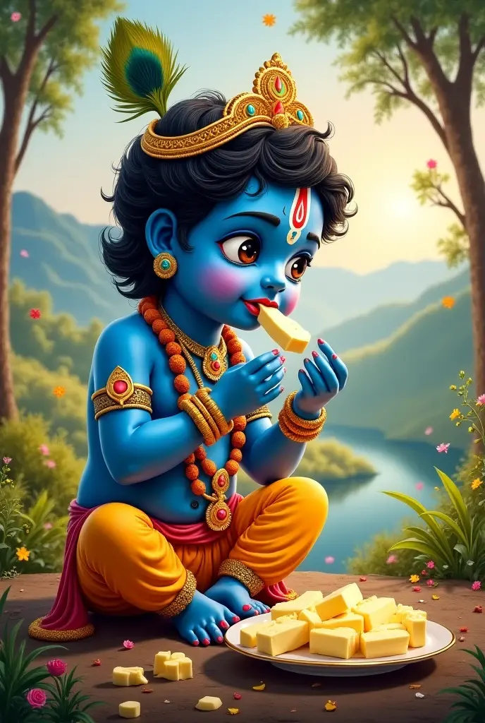 (Acrylic painting:1.2), little krishna (child, blue skin tone, wearing yellow and red attire, jewellery,Golden crown with peacock feather) intricate details of clothes, embroidered and pearls work, wearing pearls mala, eating a handful of white butter from a earthen pot full of white butter ((decorated Rajasthani pot)), butter applied around his mouth,butter in his hands, happy face looking at me, sitting on soil ((ground)) background is dense forest, dark forest, volumetric lights, mix up of acrylic and realistic, ((hard brush strokes)) rough texture, vibrant colors, bg blur :1.2, bokeh:1.2, intricate details, realistic, warm colors, by Greg Rutkowski, by Alphonse Mucha, (realistic acrylic painting), (((rough texture))) (((hard brushed))) ((rough brushes)))
