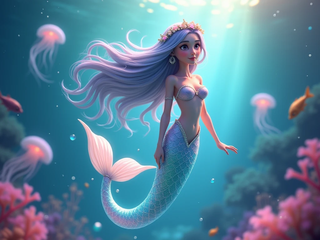 Setting: A tranquil underwater garden where a captivating mermaid floats gracefully, surrounded by floating lanterns and glowing sea flora.
Description: The mermaid has cascading silver hair and a tail covered in shimmering opal scales. She wears a sheer, revealing top made of seaweed and pearls. Her skin has a soft, iridescent glow, and her large, expressive eyes are filled with a serene, enchanting allure. The background includes a garden of vibrant, glowing sea anemones, floating lanterns, and gentle currents of water that create a peaceful, calming environment perfect for studying or relaxing. Aim for realistic depiction, make sure photos are at highest resolution (8K)