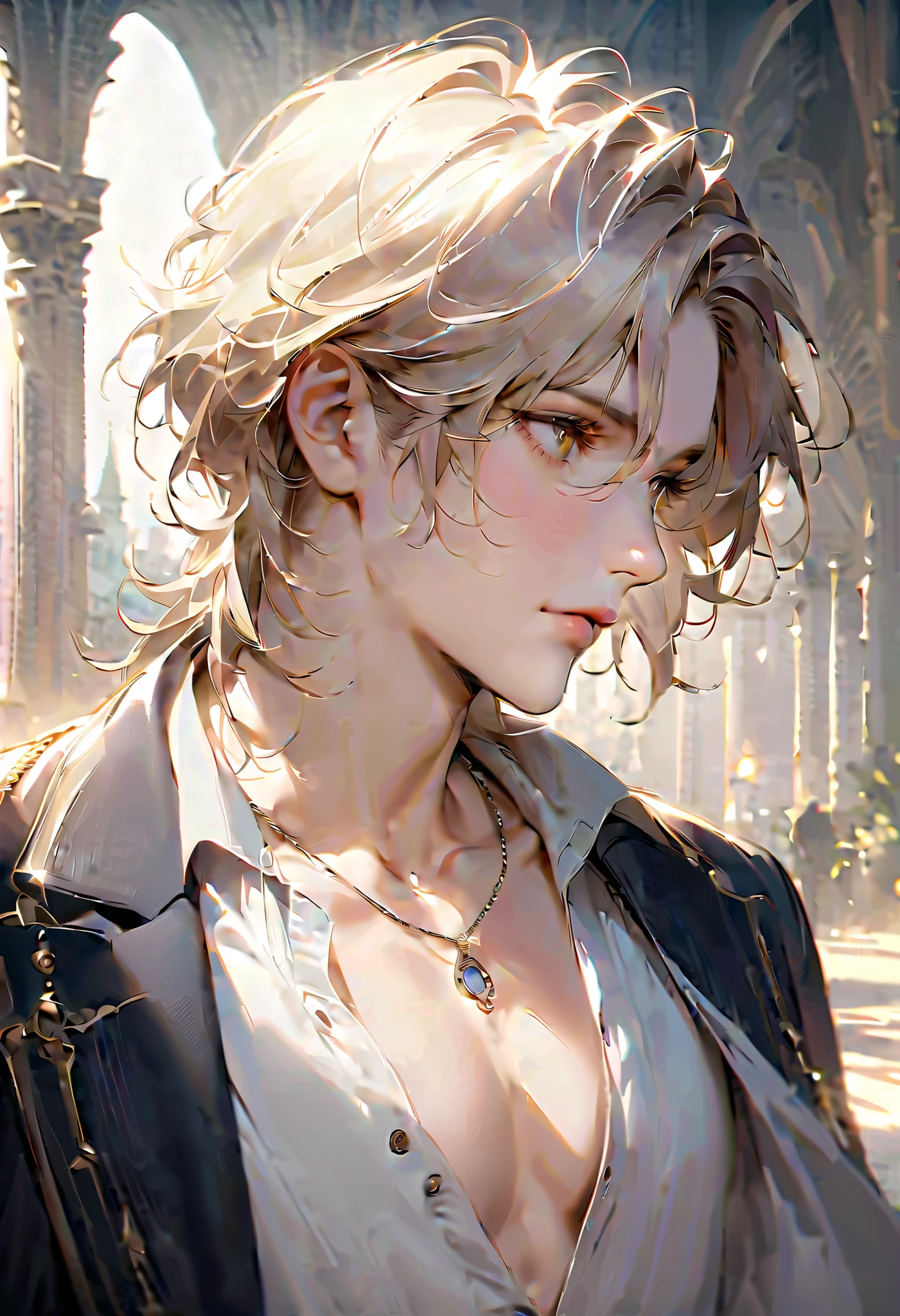 A handsome man with soft, messy light brown hair, gazing into the distance with a serene expression. He wears a slightly unbuttoned white dress shirt layered with a dark blazer draped over his shoulders. A delicate silver necklace with a pendant rests on his collarbone. The sunlight bathes his face in a warm glow, creating a dreamy, ethereal atmosphere. The background features a blurred cityscape with elegant European-style architecture, and soft pastel tones dominate the scene. The art style is semi-realistic with a delicate painterly touch, blending anime aesthetics with soft, romantic lighting.