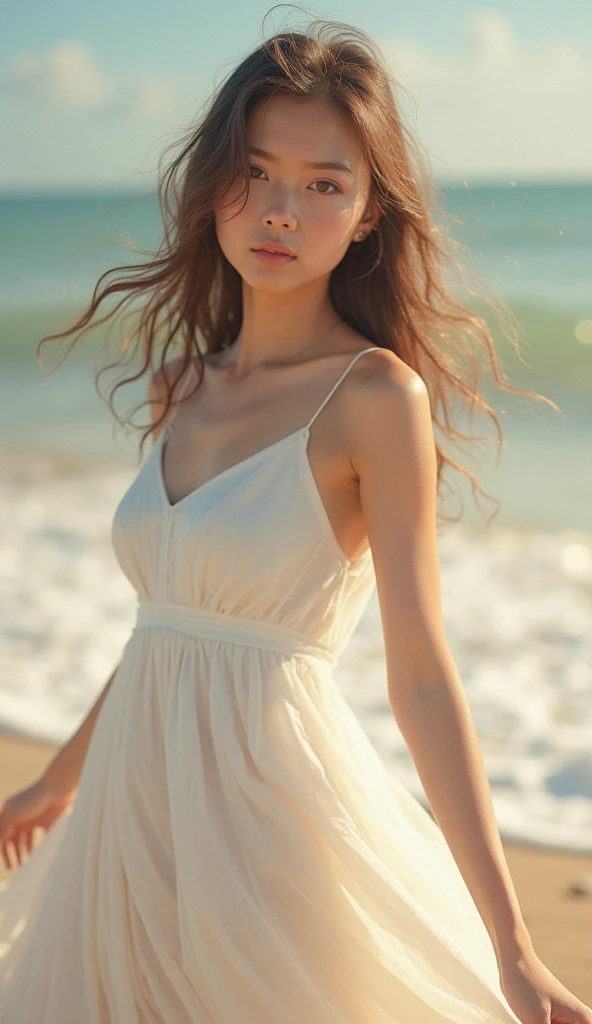 Best Quality, Masterpiece, Super High Resolution, (Realistic: 1.4), Original Photo, Head Photo, Skin, Simple Background, Black Eyes, Detail, Selfie, 1 Girl, Sheer Gauze Dress, Breeze, Sun, Sand, Quiet, Enjoy,,