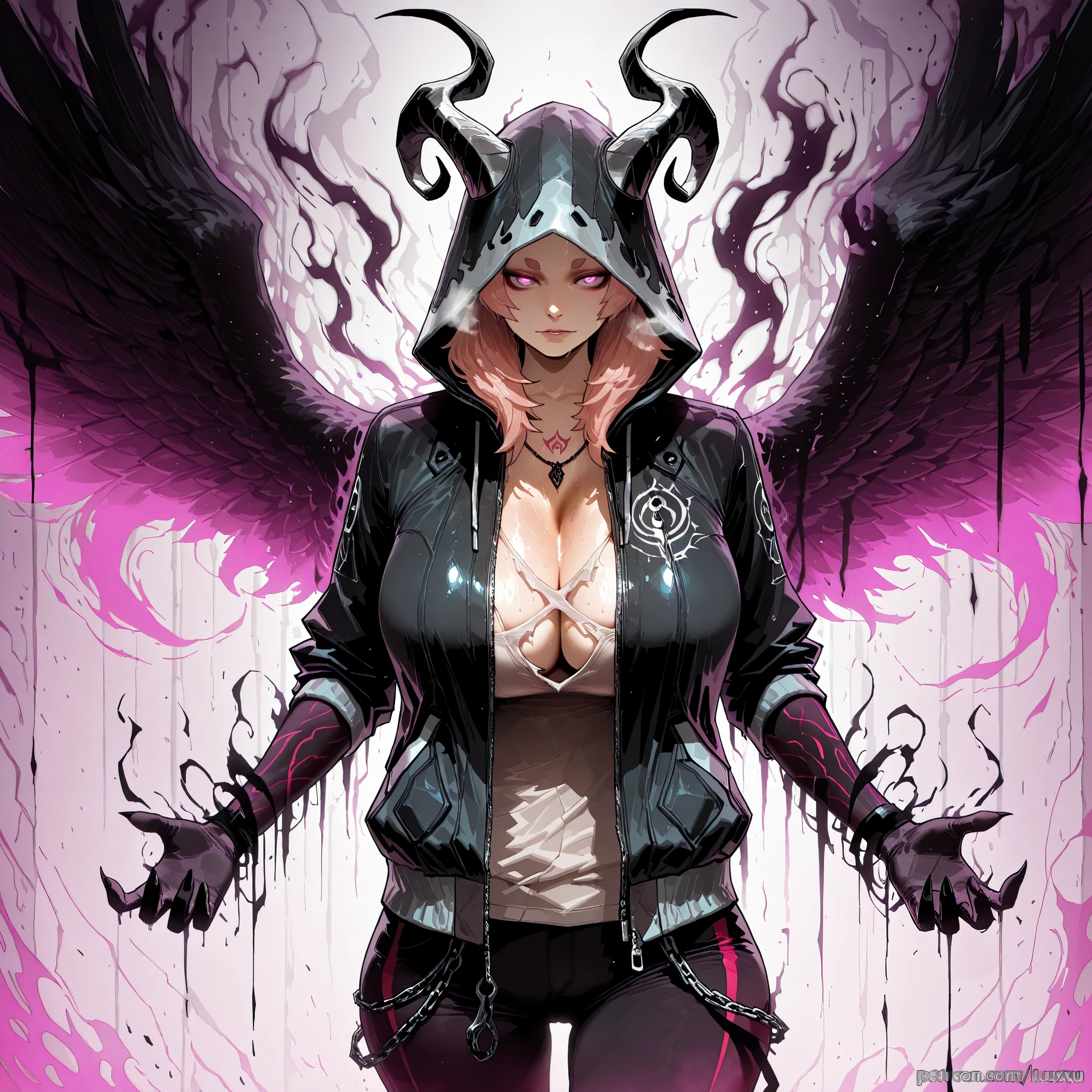 (Luxu-style:1.4), (Gogalking-style:1.2), (Balecxi-Style), Masterpiece, high quality, absurdres, best quality, very aesthetic, newest, dramatic light, chiaroscuro technically, contrasting color, dynamic composition, anatomical correct, HD, 4K, digital art, trending on DeviantArt, perfect body, perfect eyes, makeup, detailed eyes, perfect fingers, gasping, heavy breathing, excessive sweating, sweating, sweating profusely, gasping profusely, cinematic, ((skindentation)), ((voluptuous)), Mmananakiri, mature female, long hair, half updo hair, ((dark-pink hair)), purple eyes, short eyebrows, big breasts, bright pupils, hood, horns, hood_up, 1girl, claws, jacket, solo, open_jacket, chain, open_clothes, cowboy_shot, standing, fingernails, hooded_jacket, monster, zipper, tattoo, sharp_fingernails, graffiti, pants, jewelry, gradient, glowing, hoodie, necklace, looking_at_viewer, eldritch_abomination, demon, torn_clothes, facing_viewer, gradient_background, wings, ((dark aura, black aura)), glowing eyes