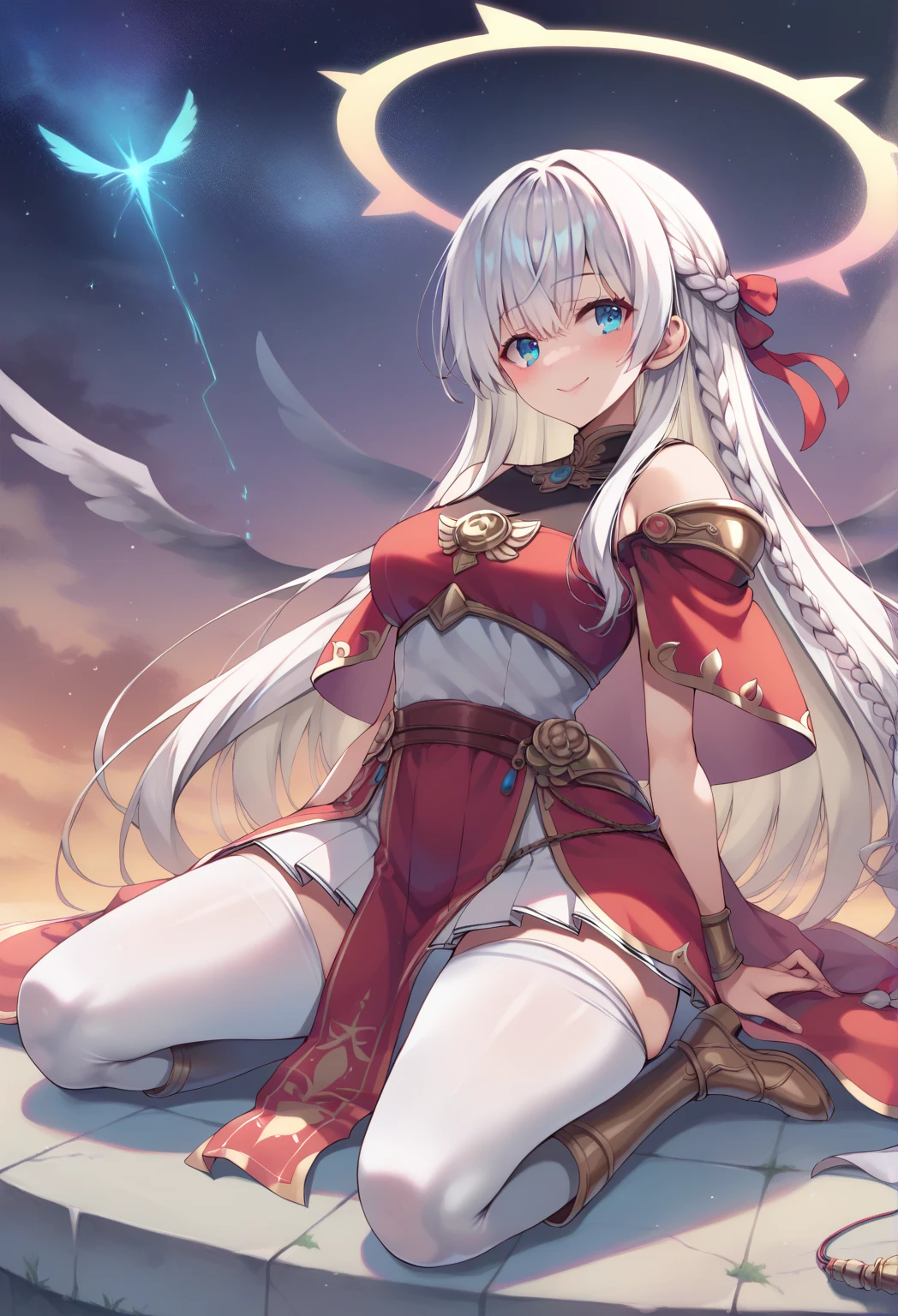 Illyasviel von Einzbern, blonde hair, hair between eyes, long hair, (red eyes:1.5),
boots, Detached sleeves, , white gloves, white skirt, absolute chance,There is a time circle behind it,Red one shoulder cape
(masterpiece:1.2), best quality, high resolution, unified 8k wallpaper, (illustration:0.8), (beautiful and delicate eyes:1.6), extremely detailed face, perfect lighting, Extremely detailed CG, (perfect hands, perfect anatomy),Slash enemies with a lightsaber,Time God Realm,fortune god,The power of the king,Hero King,King's Landing of Ten Thousand Dharmas,Panorama