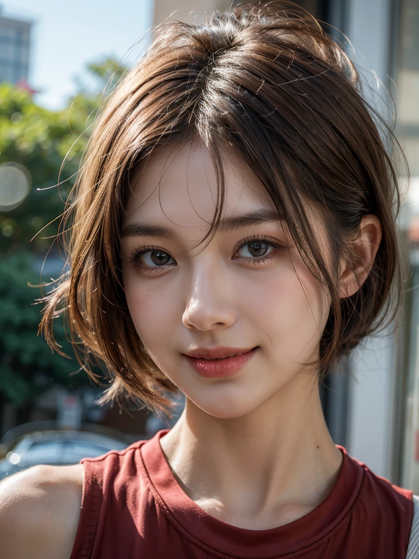One girl, Small breasts,, (8k, RAWphotograph, highest quality, masterpiece:1.2),(Realistic, photo-Realistic:1.37),figure,Very delicate and beautiful,perfect female 体,Very detailed,photograph,8k,wonderful,In detail,Beautiful fine details,highest quality,Ultra-high resolution,((Very detailed face)),(photo-Realistic:1.37),looking at the camera、((Front of body))、((Beautiful décolletage))、((Tube top))、(((short hair)))、((smile))、(((Short hair)))、((right eye:Mole on outer corner of eye))、Teeth are coming out、Wearing glasses