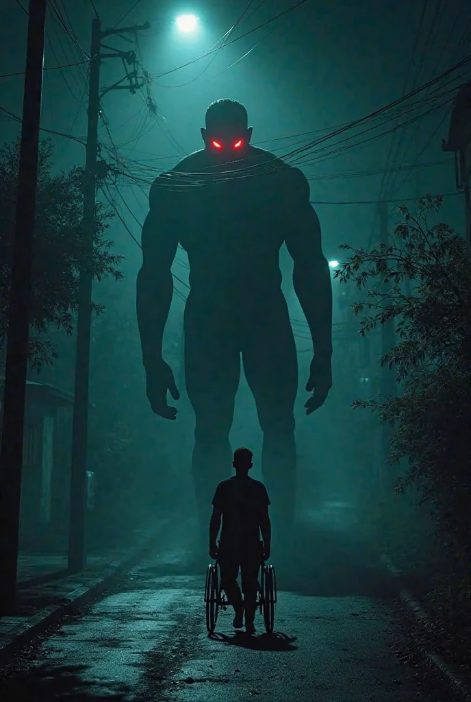 "A dark and mysterious light novel cover. The scene takes place in a modern city in ruins, with collapsed buildings and abandoned cars, many of them burned and scattered across the street. The ground is cracked and covered in debris. Ao centro, we see the silhouette of a man, the protagonist, back to the observer. He is staring into the darkness, in a posture of alert and survival. Deep in the darkness, the eyes of a partially visible alien monster, with glowing red eyes that emanate a menacing glow. There is a thick fog covering the ground, and a silver full moon in the sky, casting a soft light that illuminates part of the scene, increasing the contrast between shadows and destruction. The atmosphere is one of terror and suspense., conveying a sense of impending danger and uncertainty about what is to come."