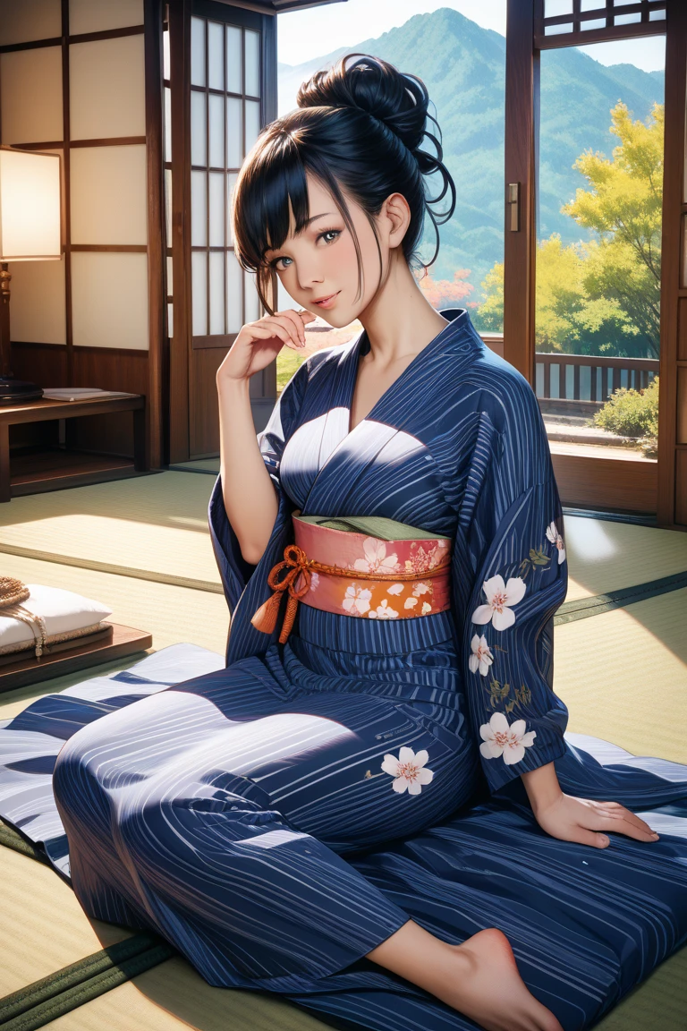 「A Japanese woman wearing a yukata sitting on a tatami mat」「 black hair」