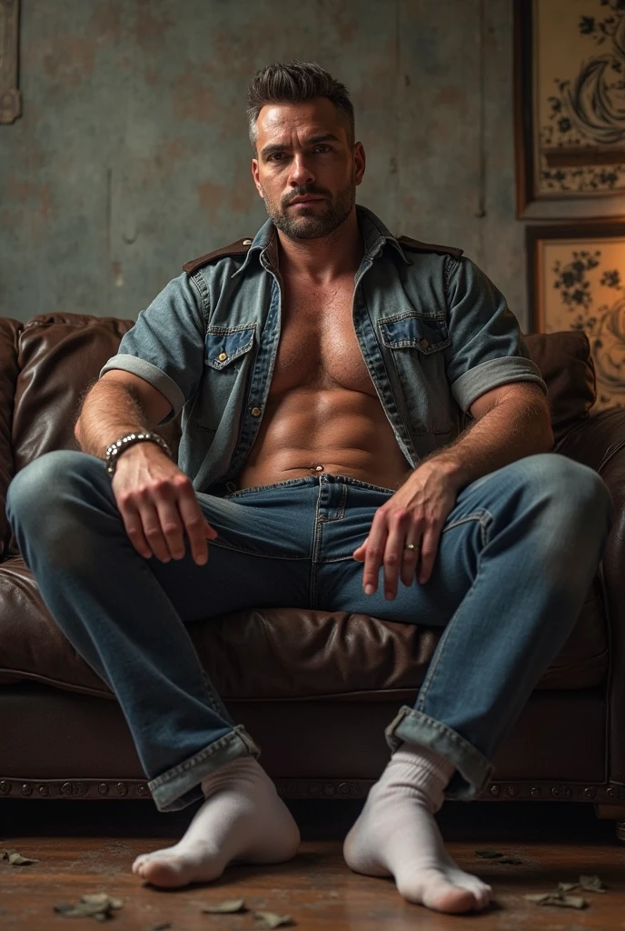 A handsome 30-year-old man with curly hair and brown eyes, he is shirtless and wearing jeans with the zipper open, he is sitting in a comfortable armchair, in the pose of a conceptual model, in the background a room well lit with sunlight. day