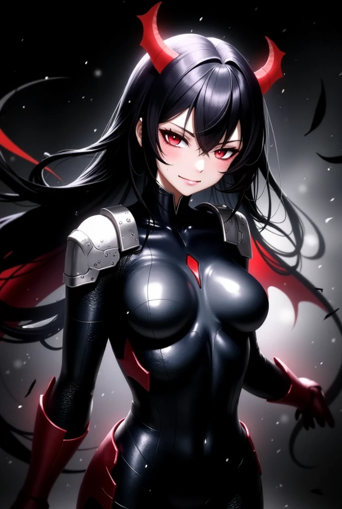 1girl, breasts, solo, black hair,red eyes,black theme,smirk,feather ,bodysuit ,shoulder armors,pale skin,shiny cloth ,demon horn,axe in hand