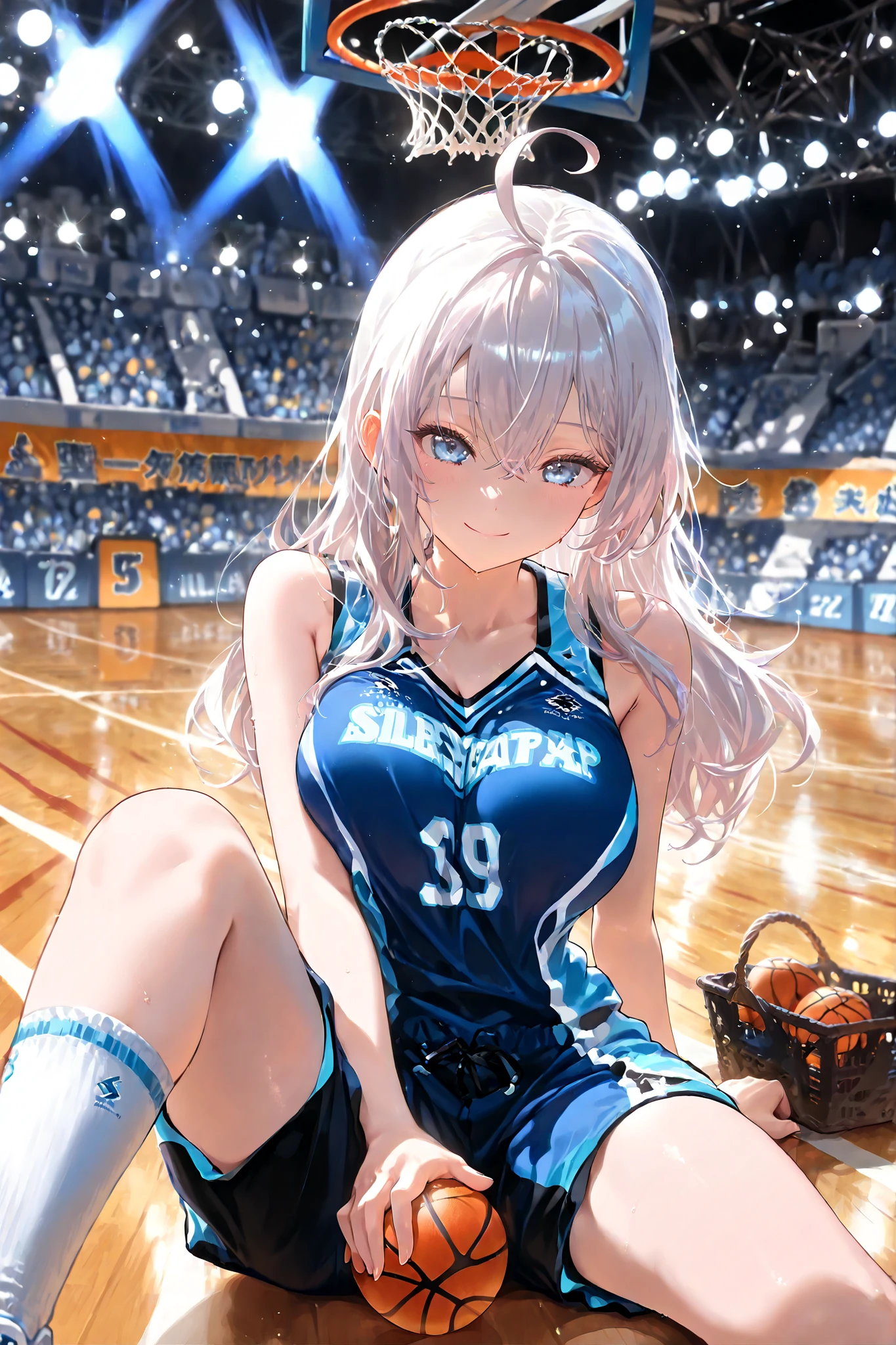 ((Alisa mikhailovna)), sitting on basketball wooden floor, folding legs, white hair, blue eyes, pick up the basket ball in his one hand, and one hand on the floor for balance support, she takes black basketball shorts dress, giving a cute smile, Beutiful, a Beutiful basketball stadium background, five-four field lights light in the back of Alisa, face,score_9, score_8_up, score_7_up,source_anime,BREAK,BREAK, (best quality, masterpiece, ultra-detailed, illustration:1.2),(8K wallpaper),(beautiful detailed eyes:1.2), beautiful, detailed eyes, soft light, AddXL light steps, intricate colors, vibrant colors, absurdres, very awa,